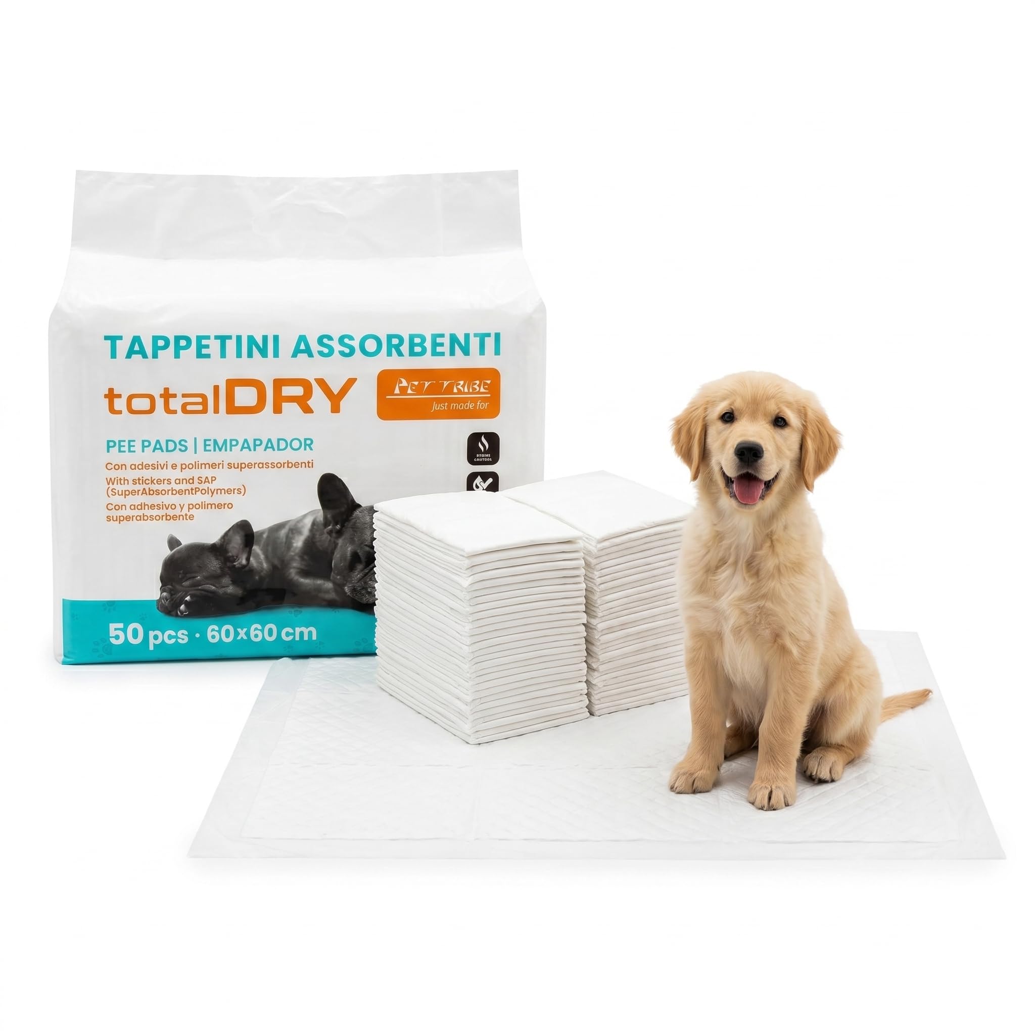Traversine Cani 60x60 con Polimeri Super Assorbenti - Tappetini Igienici Anti Perdite e 4 Adesivi Antiscivolo 200 Traverse Cani e Gatti Monouso Total Dry Pet Tribe