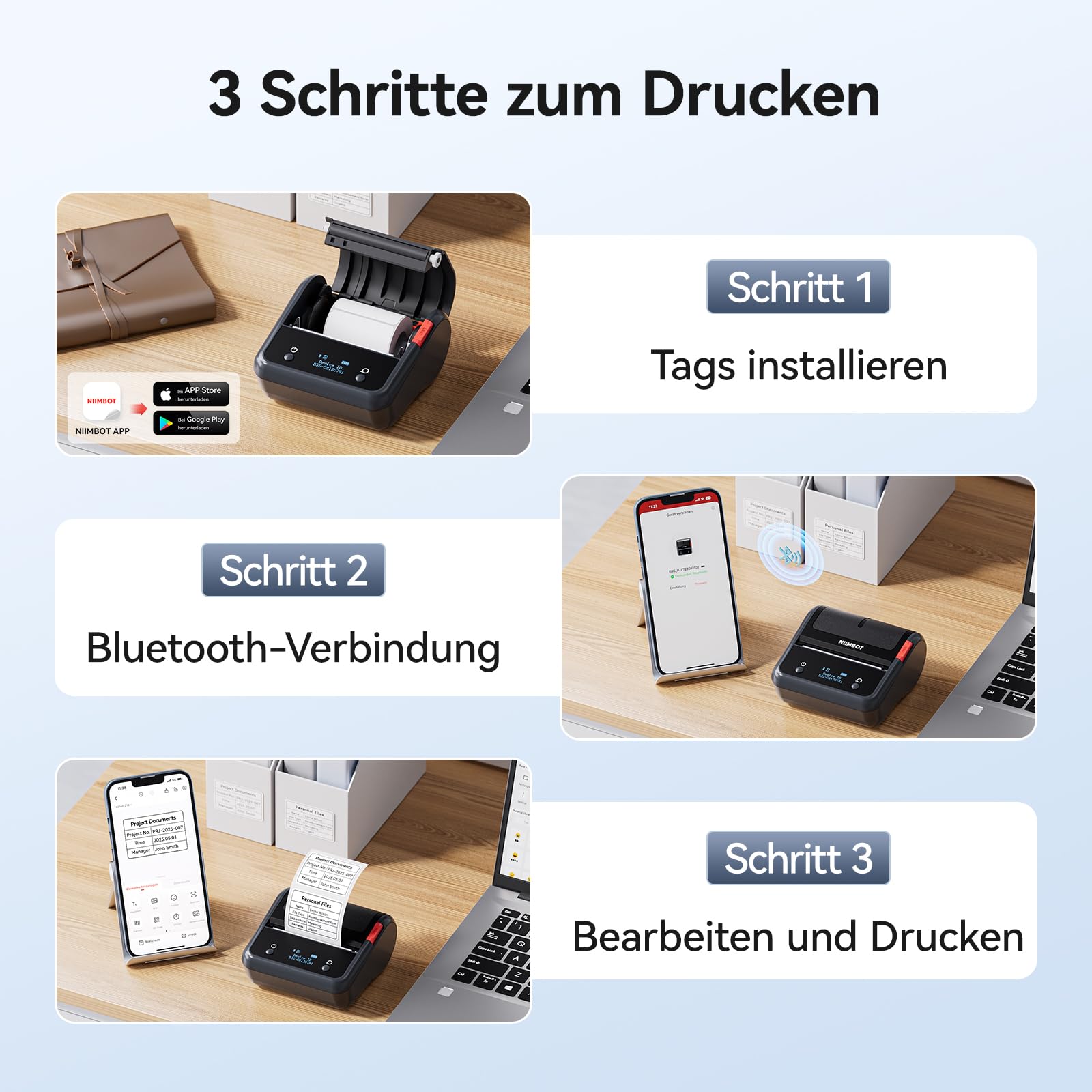 NIIMBOT B3S Etikettendrucker mit großformatigen Etiketten Selbstklebend 70 x 40mm, Tragbarer Etikettiergerät Bluetooth Label Printer für Barcode,Adresse, Büro, Einzelhandel, Schwarz
