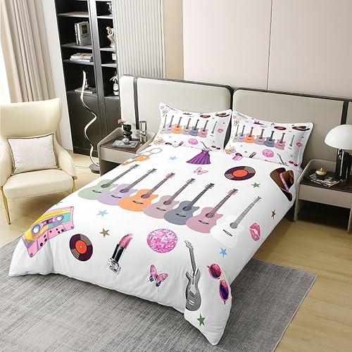 jejeloiu Girls Guitar Bedding Set for Women Singer Music Comforter Cover Full Si