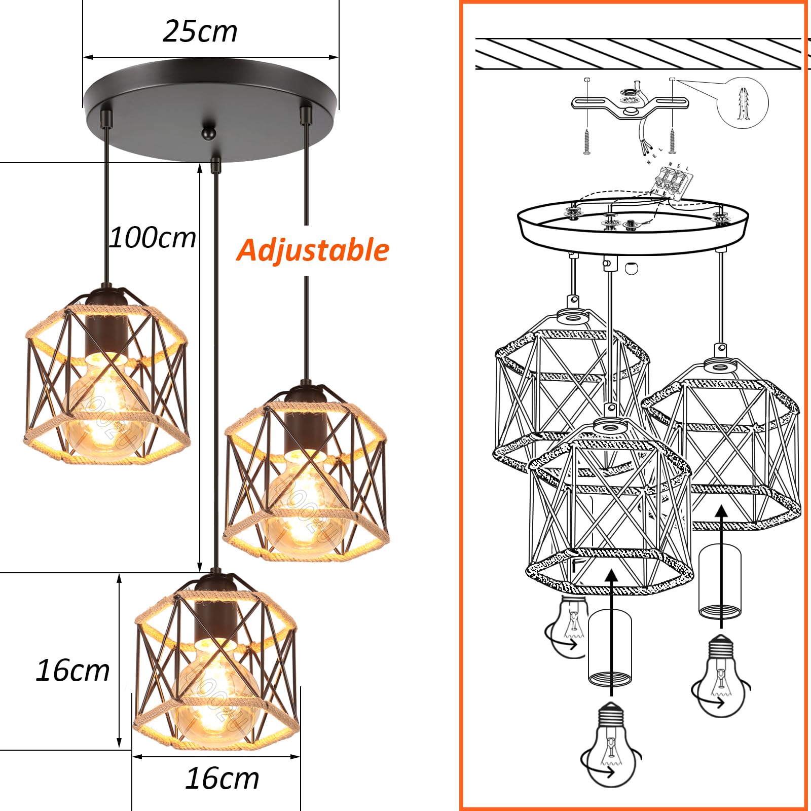 3 Luces Lámpara Colgante Vintage E27 Lámpara de Techo Colgante industrial Metal con Cuerda de Cáñamo Retro Diseño Jaula 16CM para Dormitorio Café Salón Pasillo (hexágono-C-base)