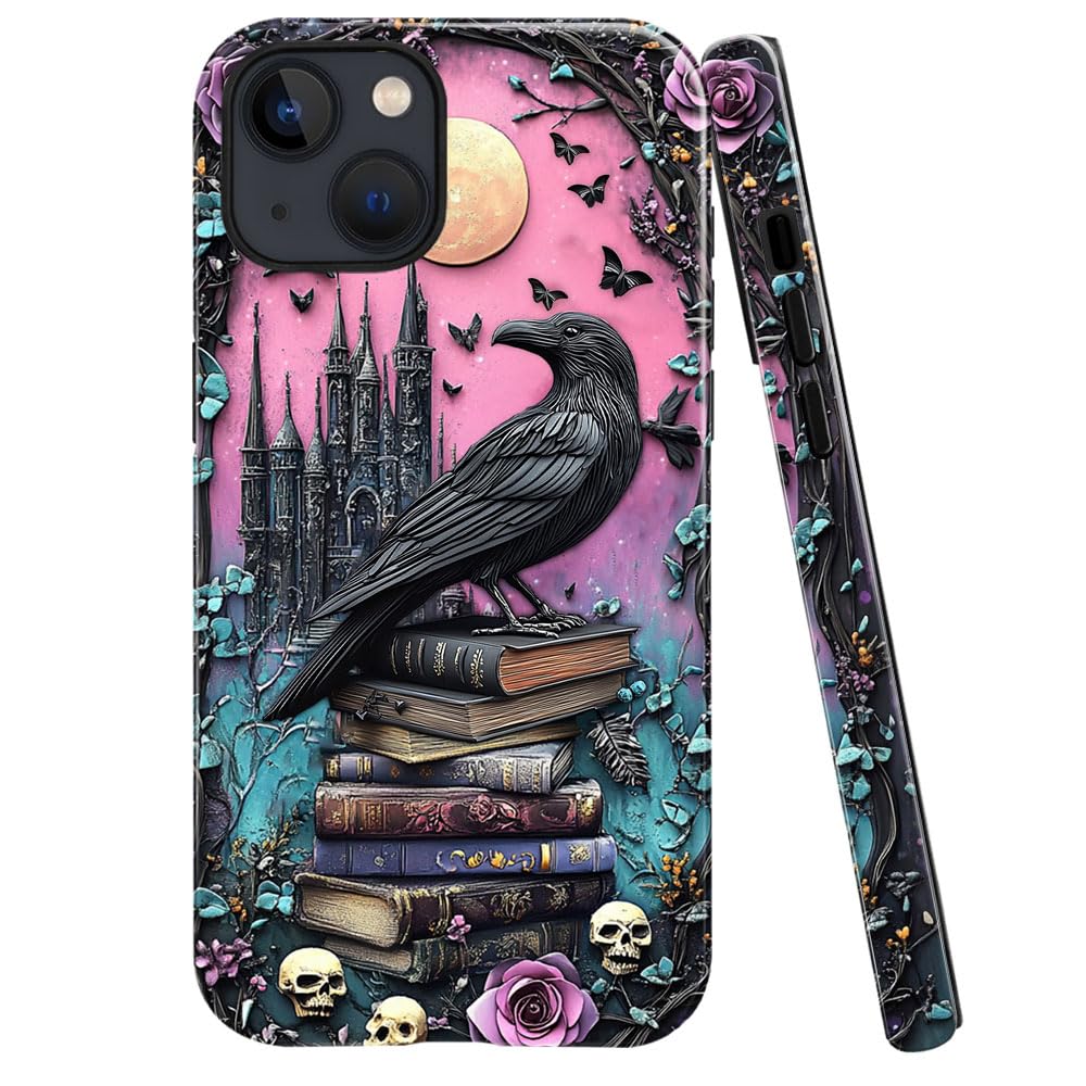 DAIZAG Case Compatible with iPhone 13,Glossy Durable Shock Protection Cover for Girl Women,Black Raven Bird Book Rose Skulls