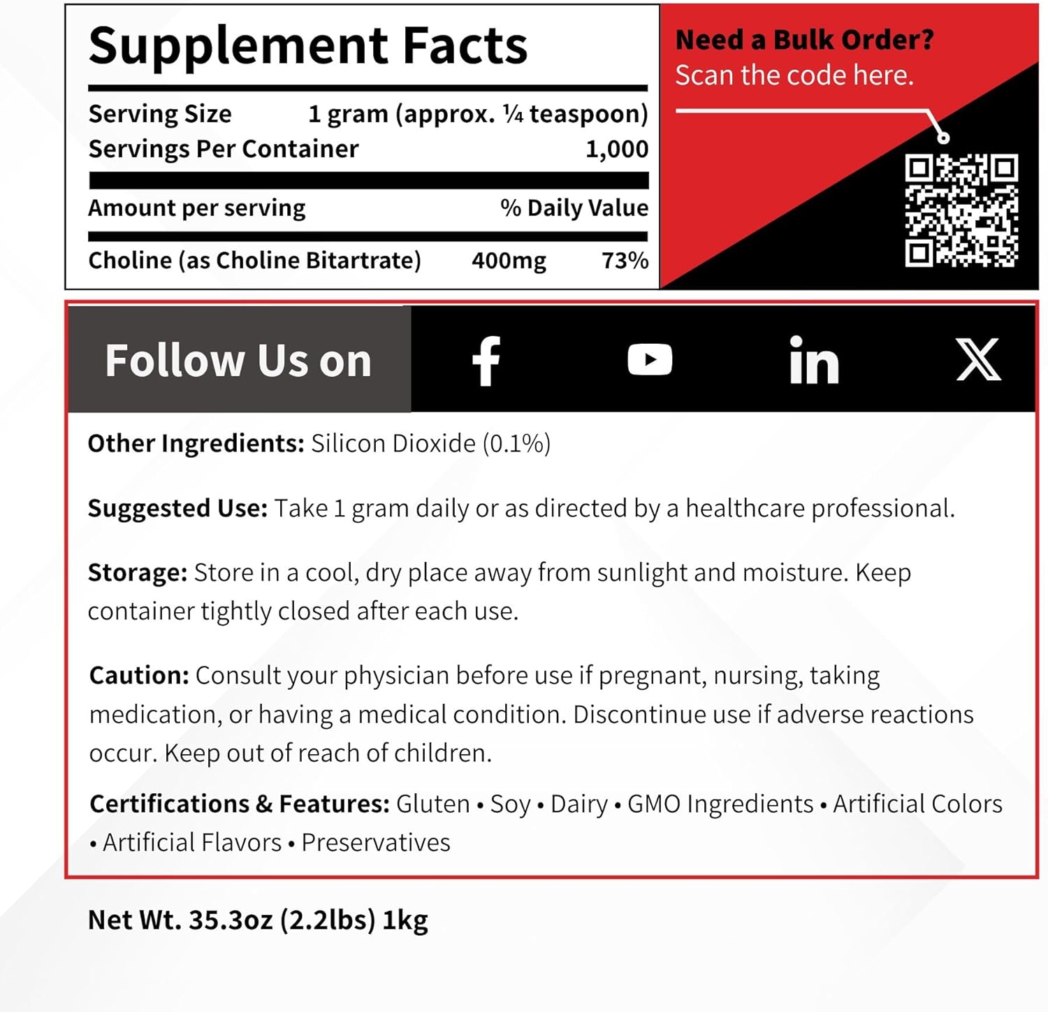 Choline Bitartrate (DL+) Powder 1000 Grams - Food Grade Coated Nootropic Supplement Ingredient - 1 kg (2.2 lb) - Image 5