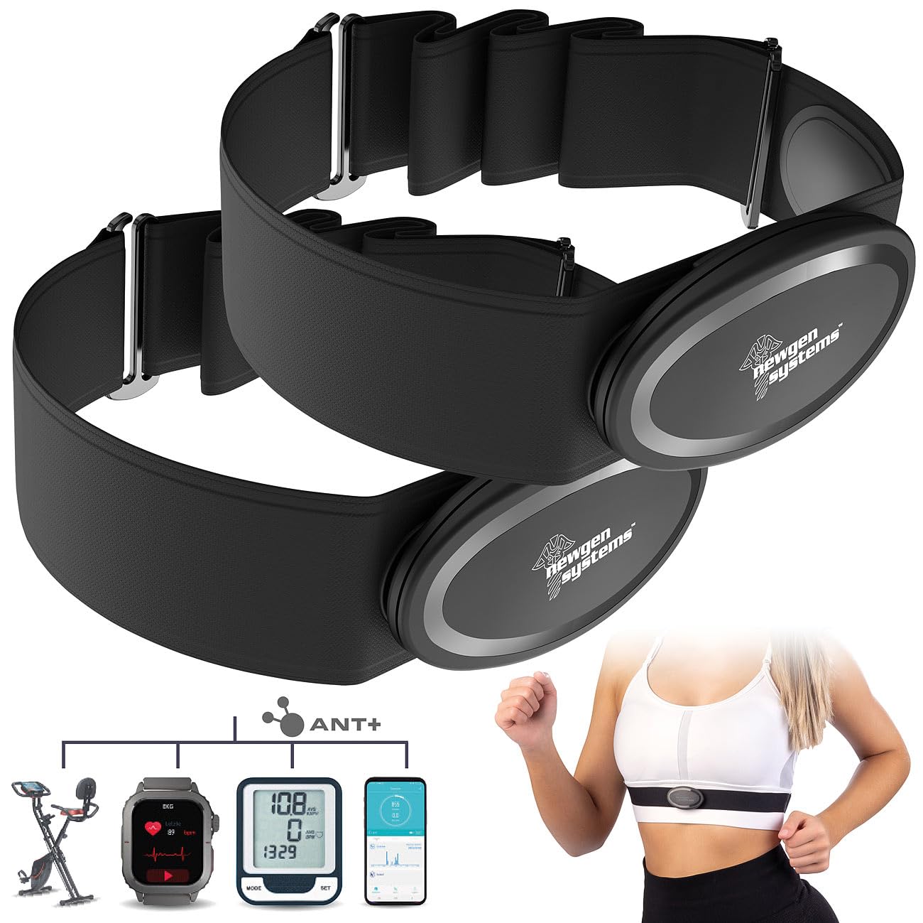 Newgen Medicals Pulsmessergurte: 2er Smarter Brustgurt mit Herzfrequenz-Sensor, ANT+ und Bluetooth (Sport-Herzfrequenz-Brustgurt, Herzfrequenzmesser-Brustbänder)