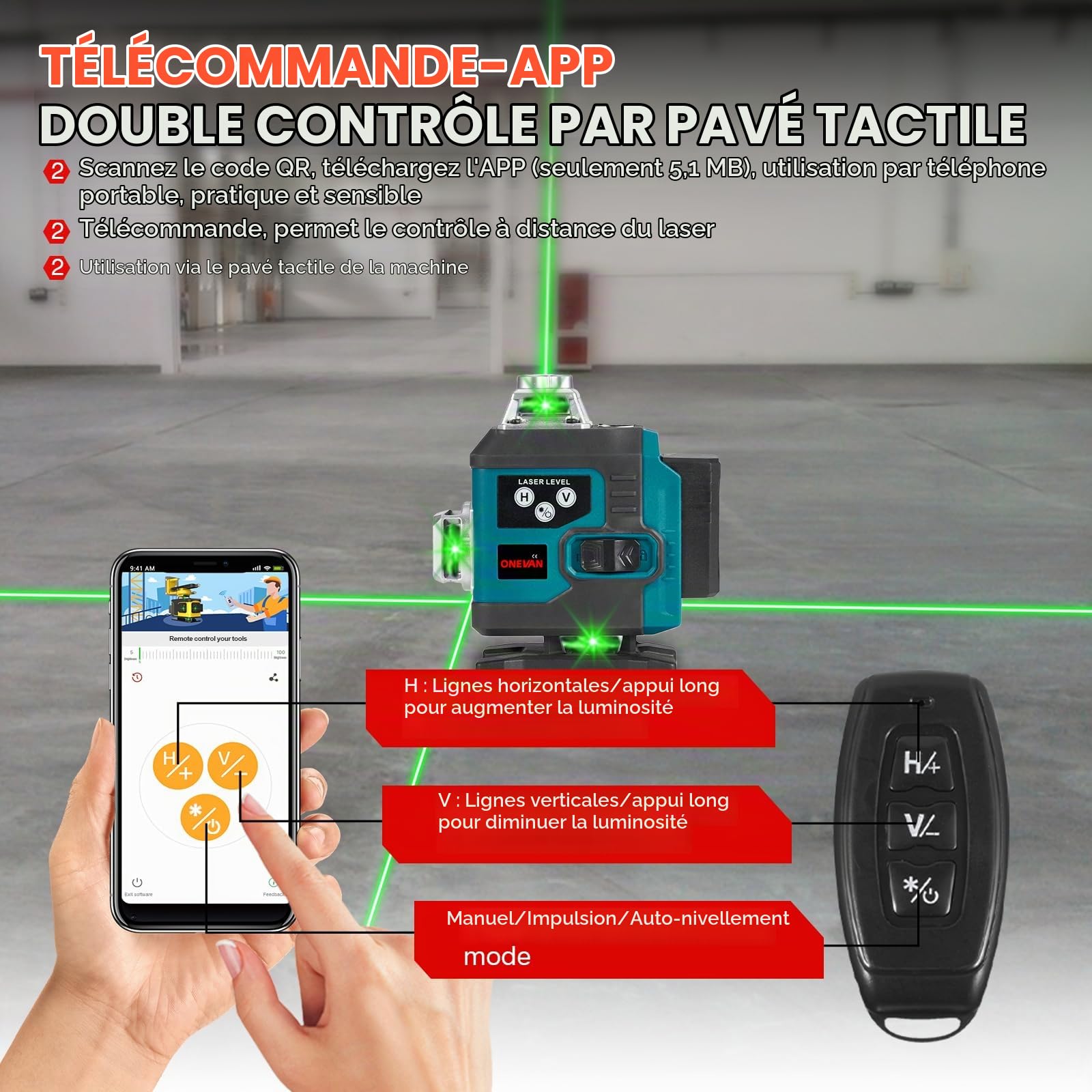 ONEVAN Niveau Laser Croix avec Trépied 4D 16 Lignes Vert avec 2x2400mAh | 4x360° Couverture, 1m Support, ±3° Auto-nivellement, App&15m Télécommande, Protection IP54, Aménagement intérieur, Carrelage
