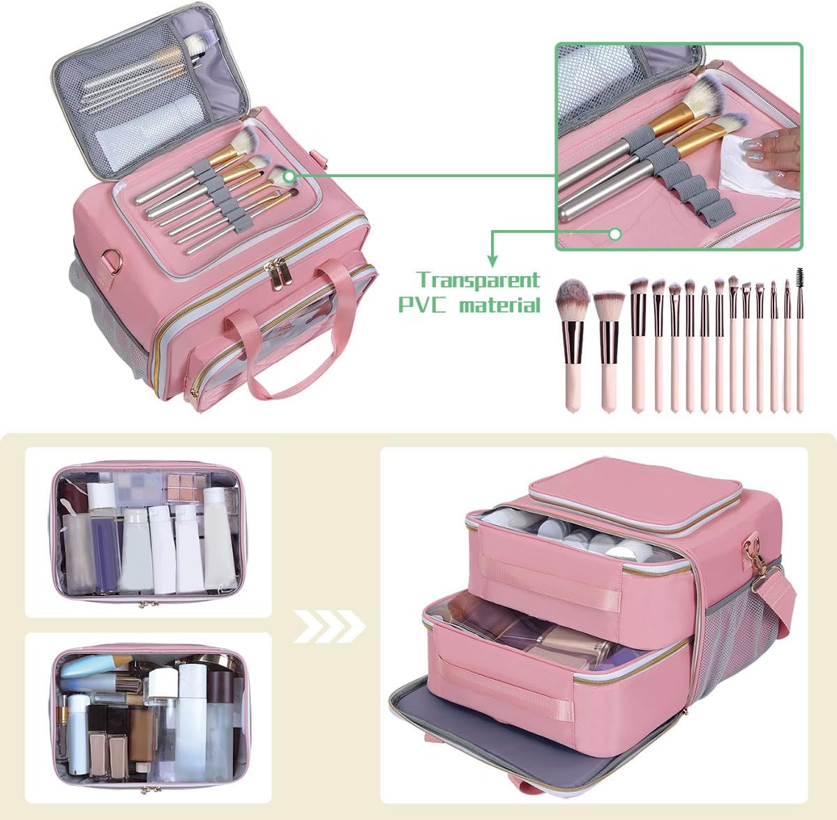 Large Makeup Bag, Travel Toiletry Bag with Zipper, Multifunctional Compartments Cosmetics Bag, for Toiletries, Cosmetics, Brushes & Beauty Tools (Pink) - Image 4