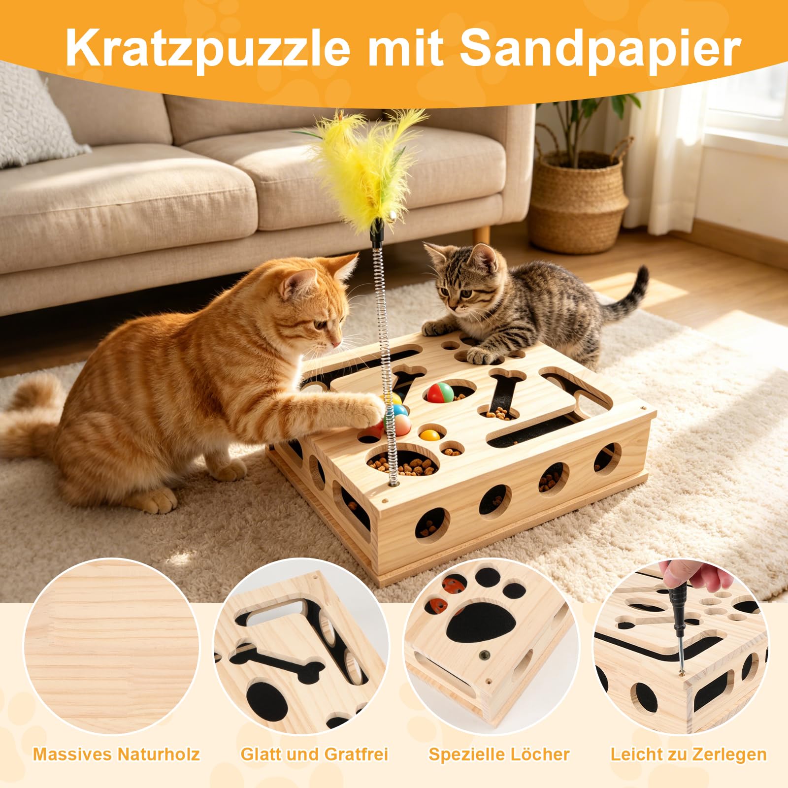 2-in-1 Kratzpuzzle Katzen Set, Katzen Kratzbrett mit Sandpapier, 3 Glockenbällen， Feder und 4 Antirutschmatte, Interaktives Kratzboxen für Katzen Spielen, Entspannen und Krallenwetzen 30x25x8cm