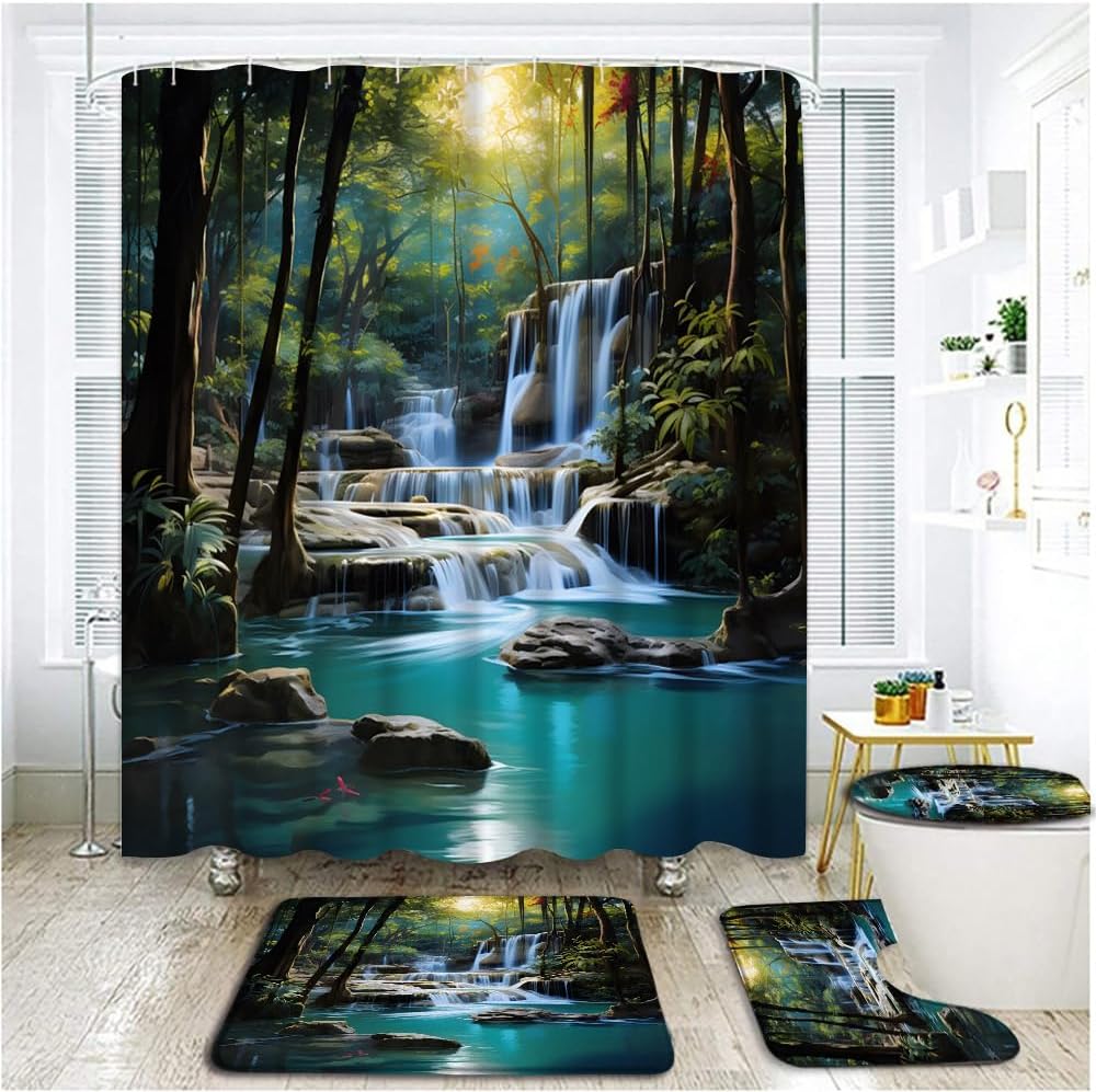 4 Piece Forest Waterfall Shower Curtain Set with Rugs Toilet Lid Cover Tropical Rainforest Natural Scenery Stream Waterfall Green Lush Trees Jungle Mossy Rocks Bathroom Shower Curtain with Hooks