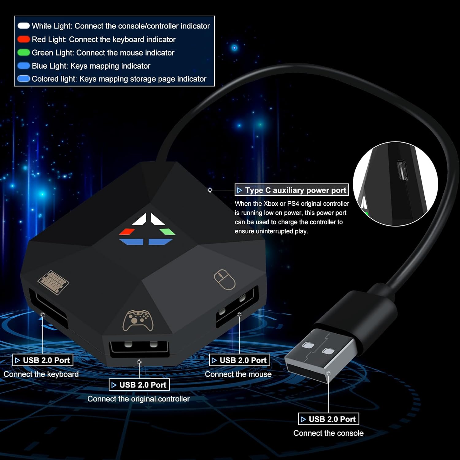 Joso Keyboard and Mouse Adapter for Nintendo Switch - 1st Gen & OLED, Switch Keyboard Adapter for Playing FPS, RTS, Apex, Plug and Play Mice Converter Compatible with Xbox One/PS4, Custom Key Mapping