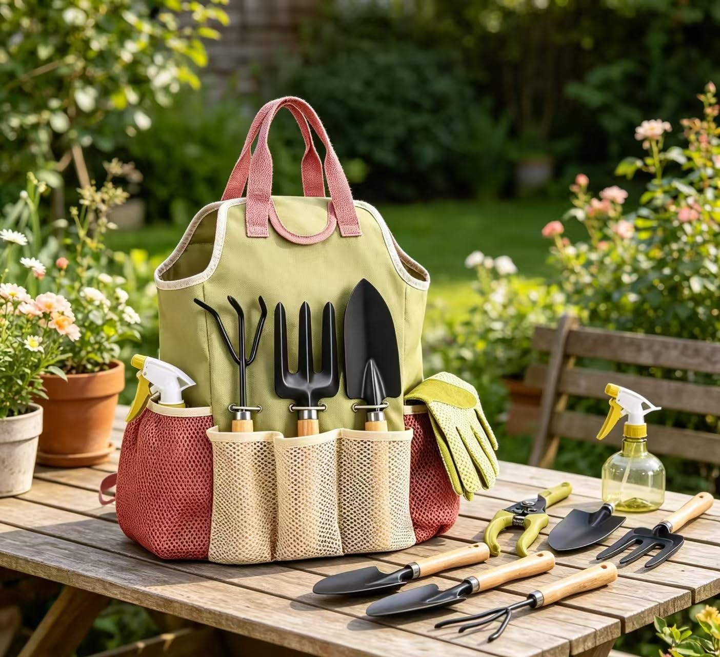 Juego de 9 herramientas de jardín: mangos de madera, cuchillo de hierro, rastrillo, sable, guantes, pulverizador, uso doméstico para cultivo de flores y verduras, cesta de almacenamiento