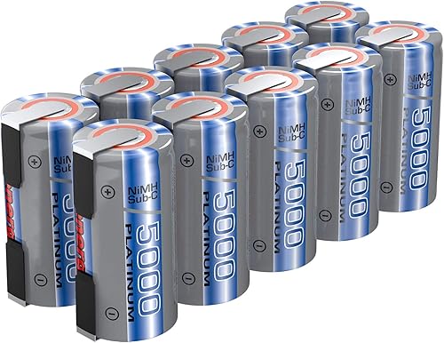 Tenergy Batería recargable NiMH SubC de 5000 mAh con parte superior plana (con pestañas), paquete de 10