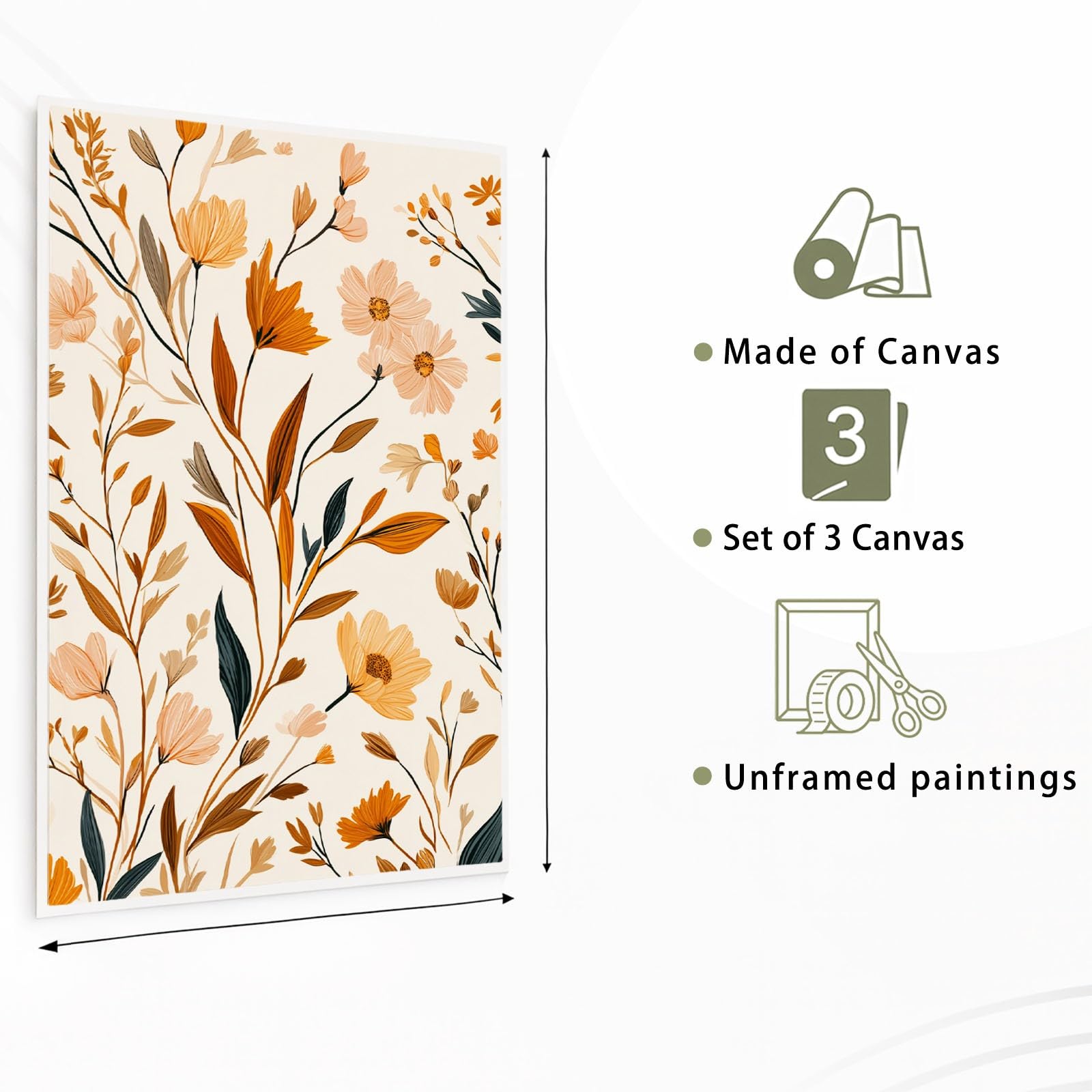 Generisch Zestaw 3 obrazów na płótnie boho kwiaty 40 x 50 cm | Naturalny dziki kwiat liść druk artystyczny obrazy na płótnie wystrój domu dekoracja ścienna do salonu sypialni łazienki