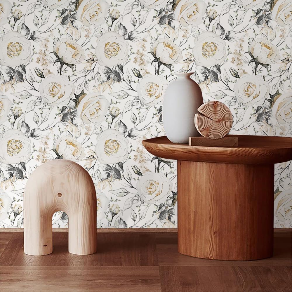 Vintage Pale White/Yellow Floral Peony Flowers Rose Grey Leaf Peel and Stick Wallpaper Easy Peel Off Contact Paper Stick on Adhesive Wall Paper for Bathroom Waterproof Renter Friendly