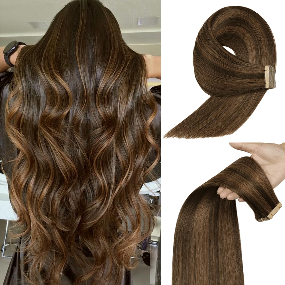 YDDM Extensiones de pelo humano con cinta adhesiva, 20 unidades, 60 cm, 50 g, color marrón claro con rubio dorado — view 13