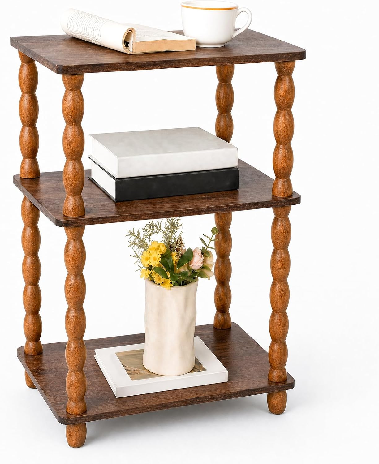 Small Narrow Side Table, 3-Tier End Table with Storage, Solid Wood Nightstand, Accent Bedside Table for Small Space, Living Room, Bedroom, Office