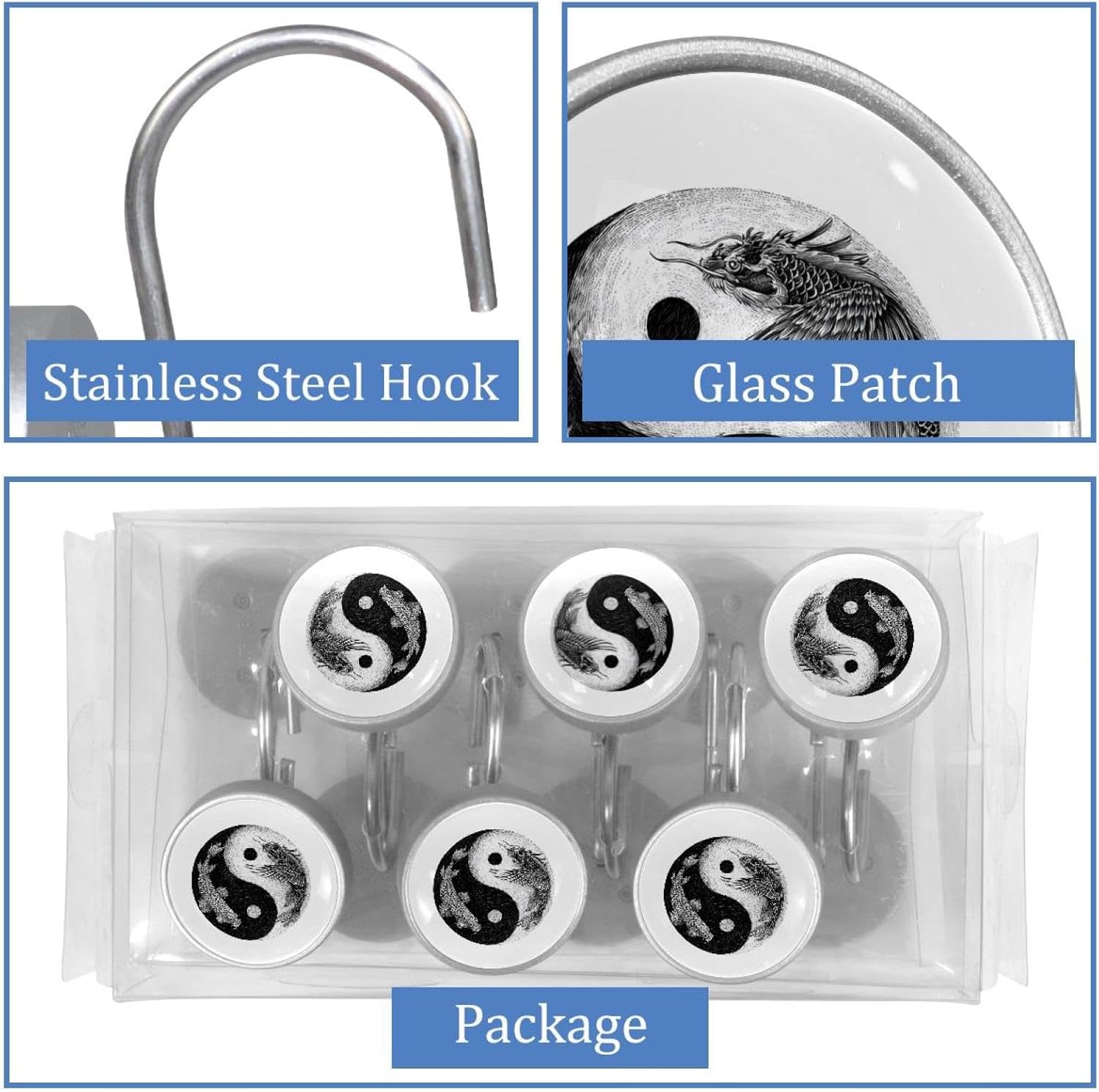 12PCS Black and White (3) Shower Curtain Hooks Metal Rust Resistant Decorative Shower Curtain Hooks Bathroom Decorations