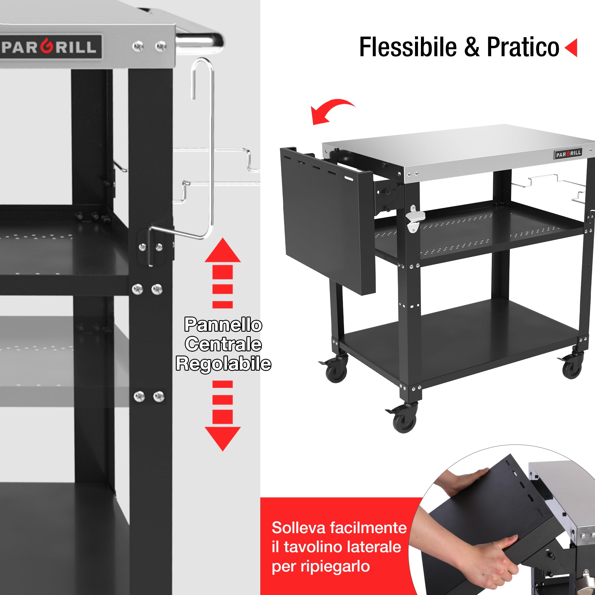 PARGRILL Carrello da Cucina a 3 Piani con Ruote, Carrello Multiuso Pieghevole con Tavolo Laterale, Ganci e Accessori, Carrello Portaoggetti da Cucina in Acciaio Inossidabile per Cucina, BBQ e Pizza | 4 ruote girevoli bloccabili, tavolo da barbecue mobile
