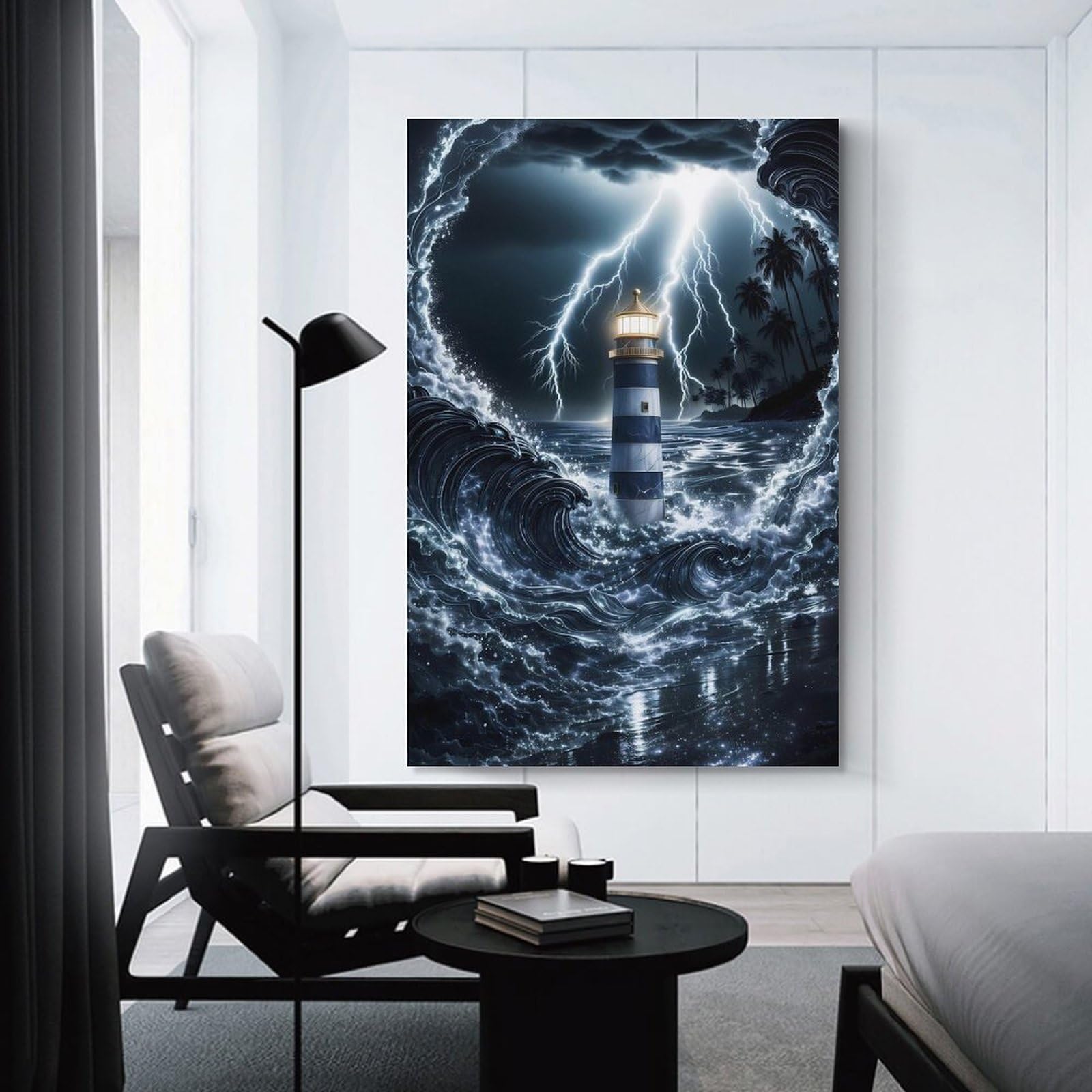 Junmoney Lighthouse in A Storm Canvas Wall Picture, 24x36inch(60x90cm), for Home, Office, Studio Or Guest Room, A Flexible Wall Accent for Shared Spaces