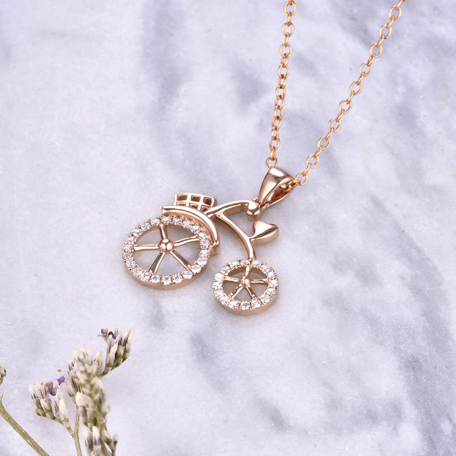9K/18K Gold Halskette für Mädchen und Frauen, Moissanit/Diamant Fahrrad Edelstein Anhänger Halskette Kettenlänge 18 Zoll