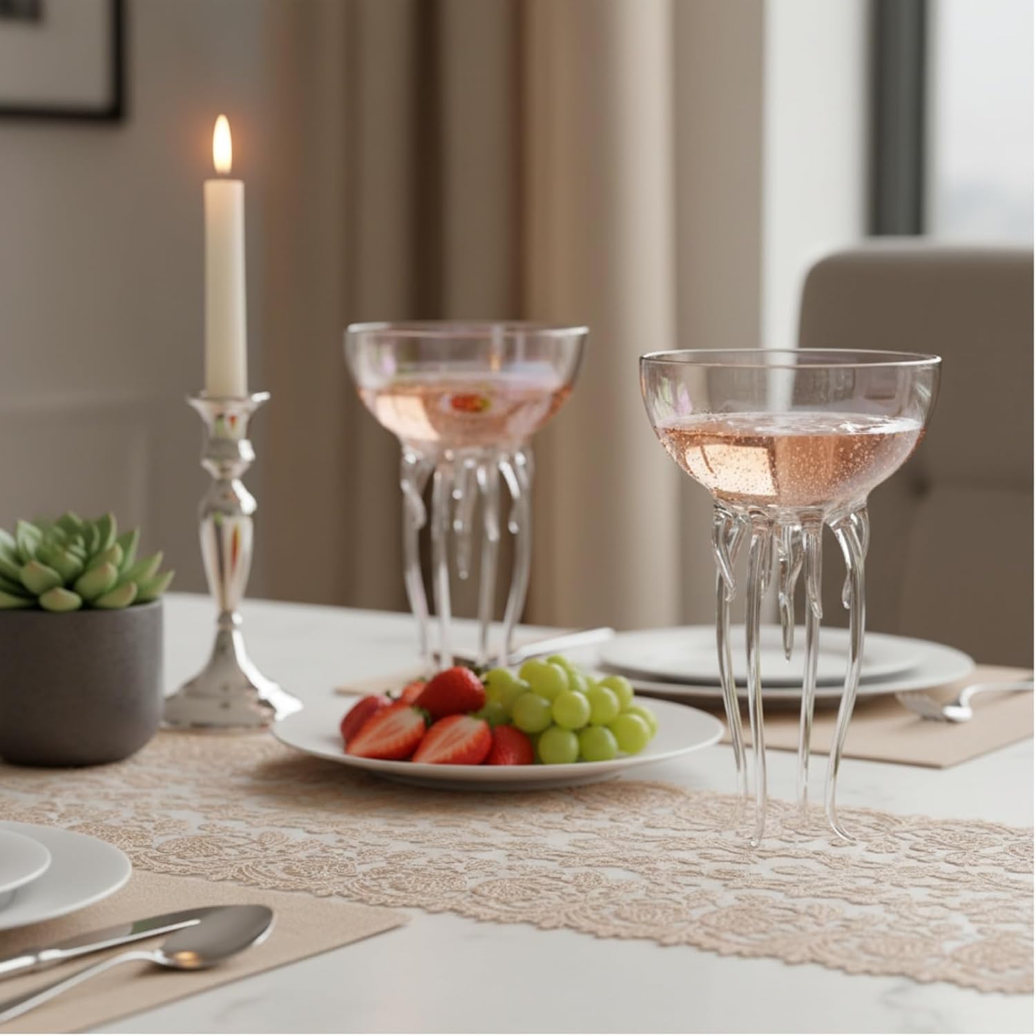 jellyfish crystal octopus glass Set of 2, Handblown Lead-Free Crystal, 5.2oz Coupe Glass for Martini, Champagne, Coastal Home Bar Gift