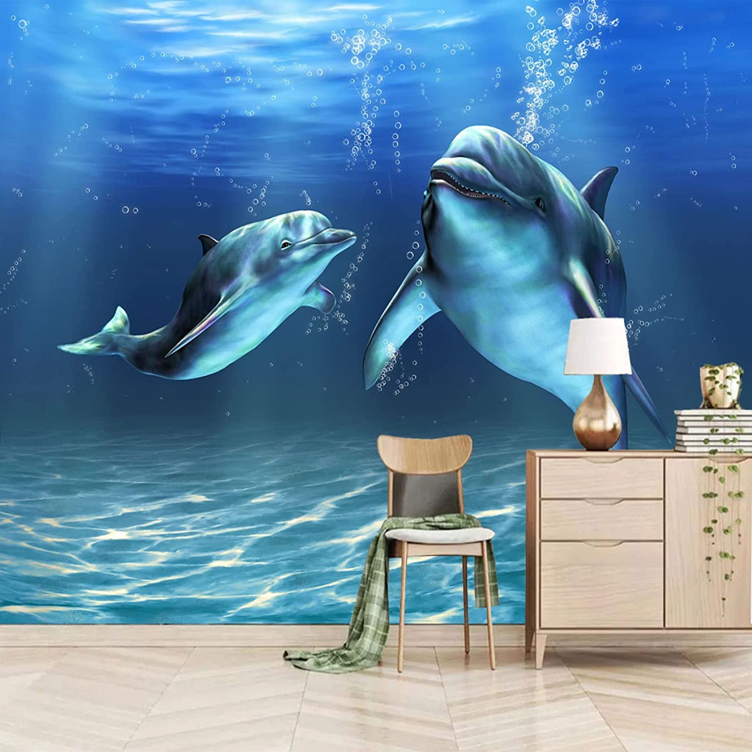Papel Pintado Mural, 3D Pareja De Delfines Bajo El Agua Papel Pintado Autoadhesivo Peel And Stick Para Sala De Estar, Dormitorio, Tv, Fondo, Oficina, Restaurante, Habitación, 400(ancho) x280(alto) cm