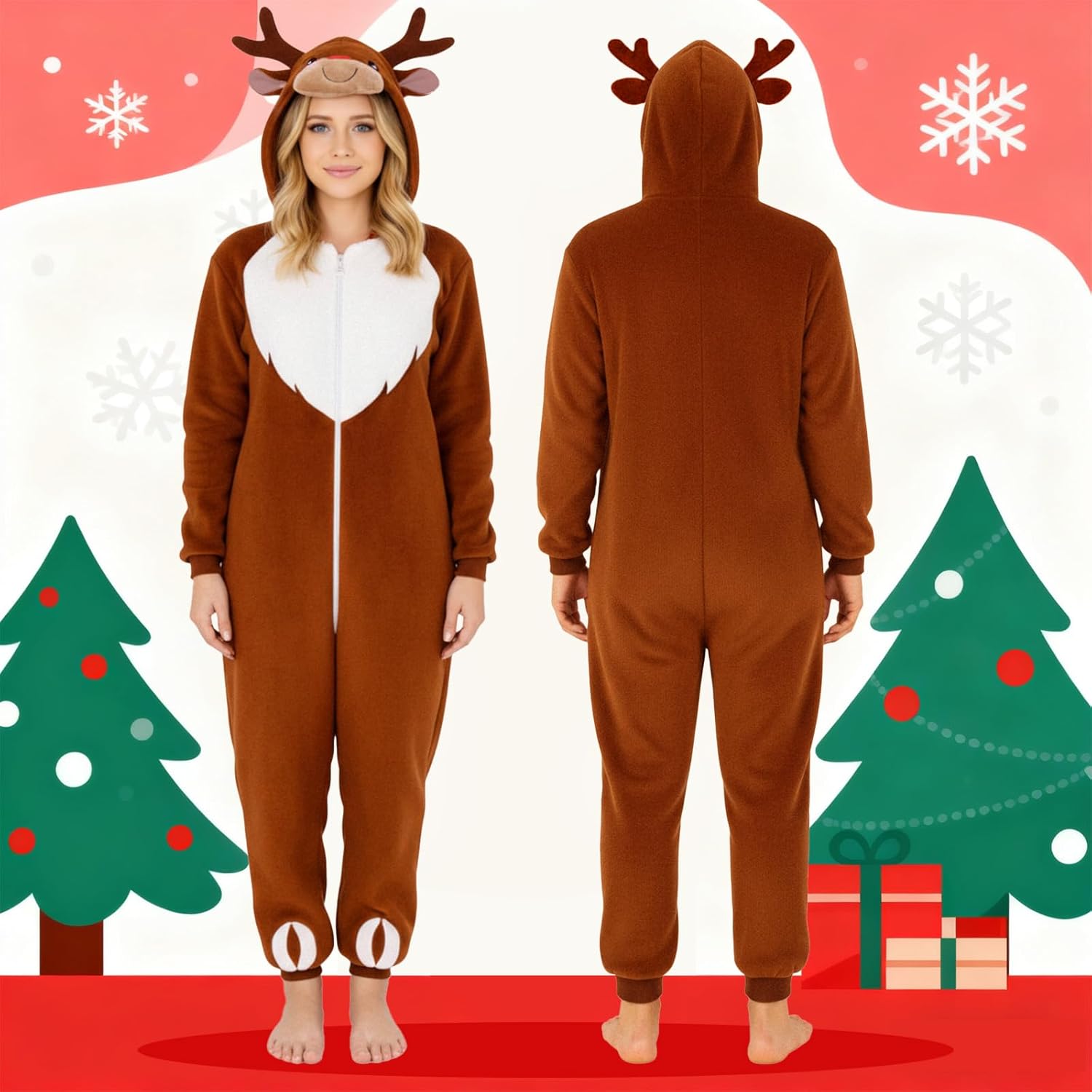 Onesie Adult Moose Christmas Costume, Deer Costume for Women, Cute Animal Theme Zipper Onesie Jumpsuits - Image 3
