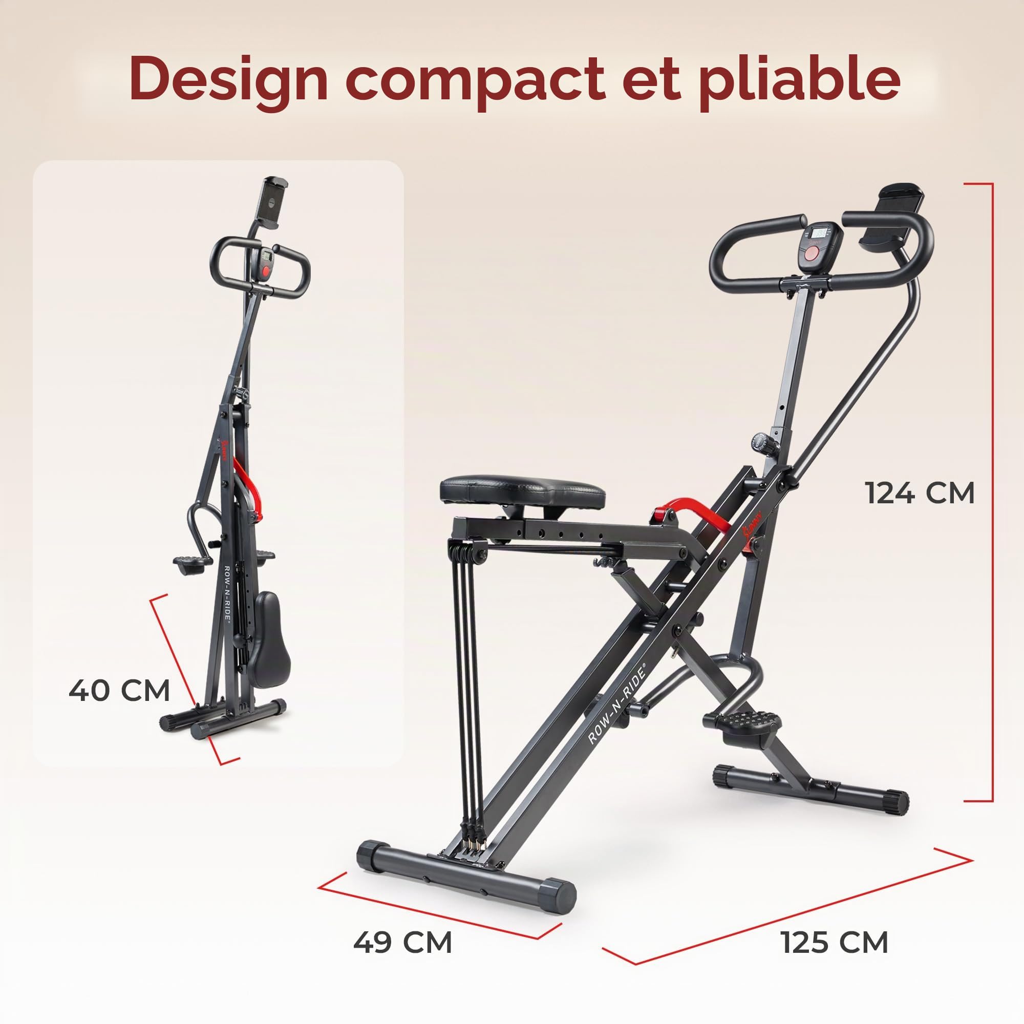 Sunny Health & Fitness Row-N-Ride Connecté Corps Entier avec Tablette | 4 Résistances, Entraînement Fessiers et Jambes, App SunnyFit, 150 kg Charge, 3 Profondeurs de Squat