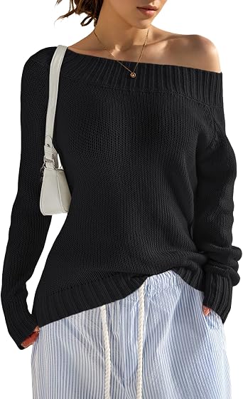Womens Long Sleeve Off The Shoulder Sweaters, Boat Neck Casual Knit Loose Fit Pullover Sweater