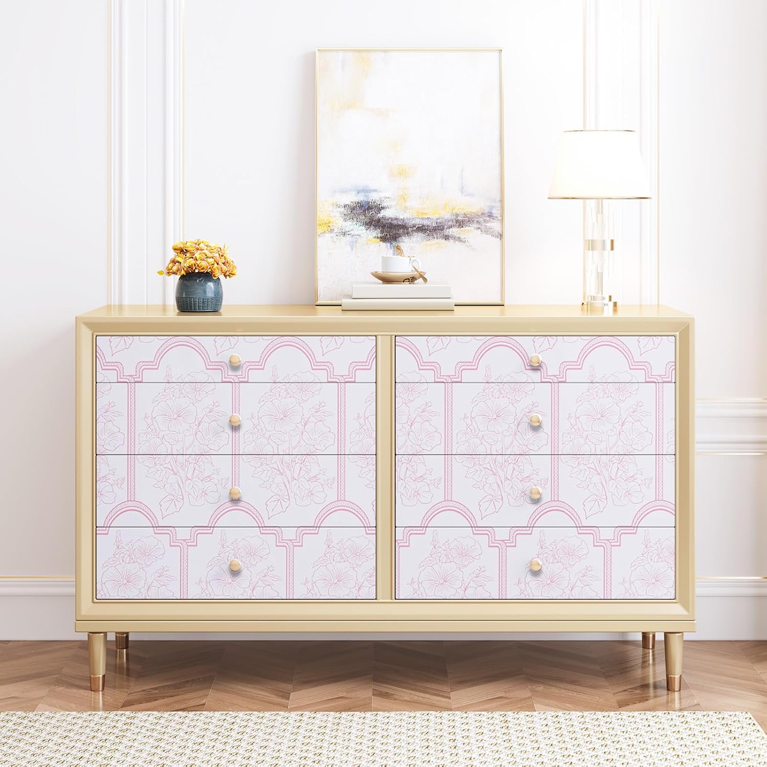 Abyssaly Pink Floral Peel and Stick Wallpaper Boho Modern Contact Paper Stick on Wallpapers Removable Self-Adhesive Waterproof Wall Paper Vinyl Rolls for Bedroom Bathroom Cabinets Decor 17.5" x 393.7"