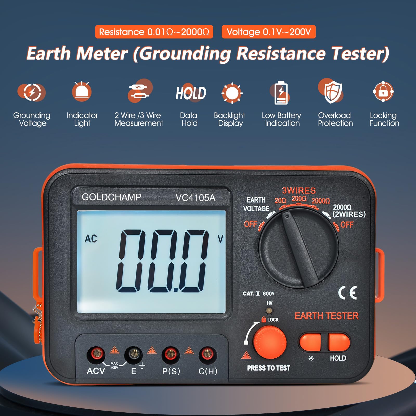 Isolationswiderstandsmessgerät 200 Ω/2000 Ω/20000 Ω, 200 V Wechselspannung, Überlastschutz, hintergrundbeleuchtetes LCD-Display mit 1999 Stellen, Batteriestandsanzeige, Erdungswiderstandsmessgerät