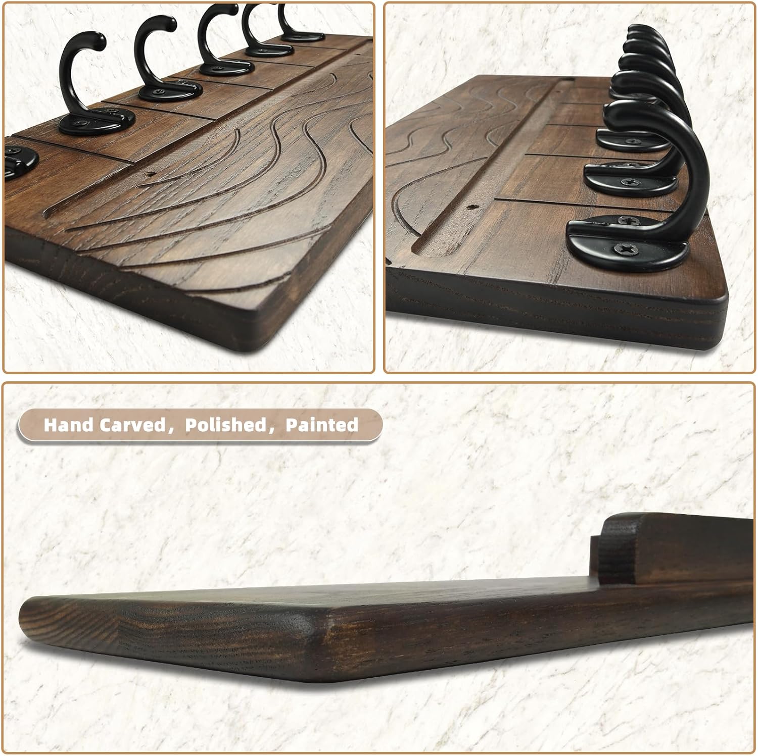 Key Holder Wall Decor-11.8" Solid Ash Wood Entryway Organizer with 6 Hooks & Extra Deep Storage Rack for Key, Mail, Wallet, Leash, Glasses, Hand-Polished & Stained, Easy-Assembly