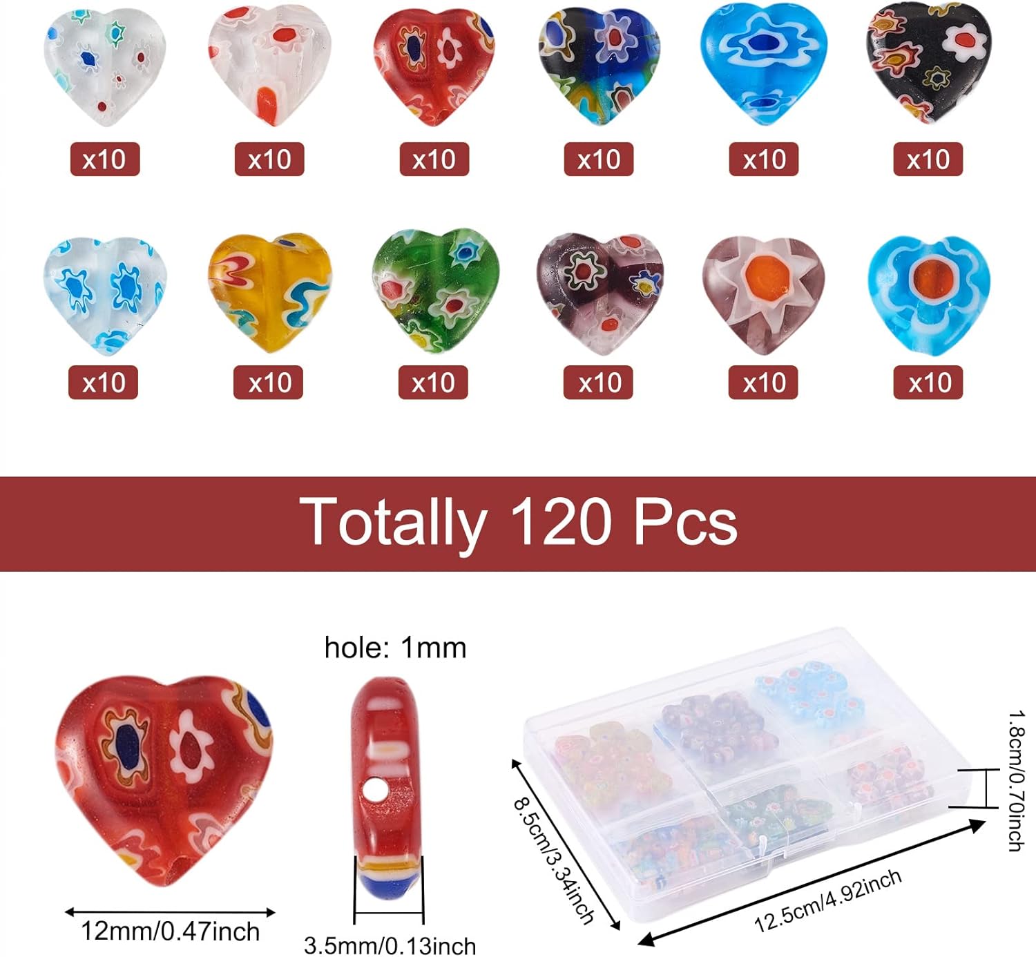 Cheriswelry 120Pcs 10-12mm Millefiori Lampwork Glass Beads Heart Shape Flower Glass Beads Millefiori Loose Spacer Beads for DIY Necklace Bracelet Earring Jewelry Making - Image 3