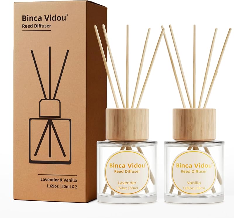 Binca Vidou Juego de difusores de varillas, difusores de aceite aromático natural de lavanda y vainilla con varillas para decoración de aromaterapia en el hogar, oficina, baño, 1,69 oz x 2