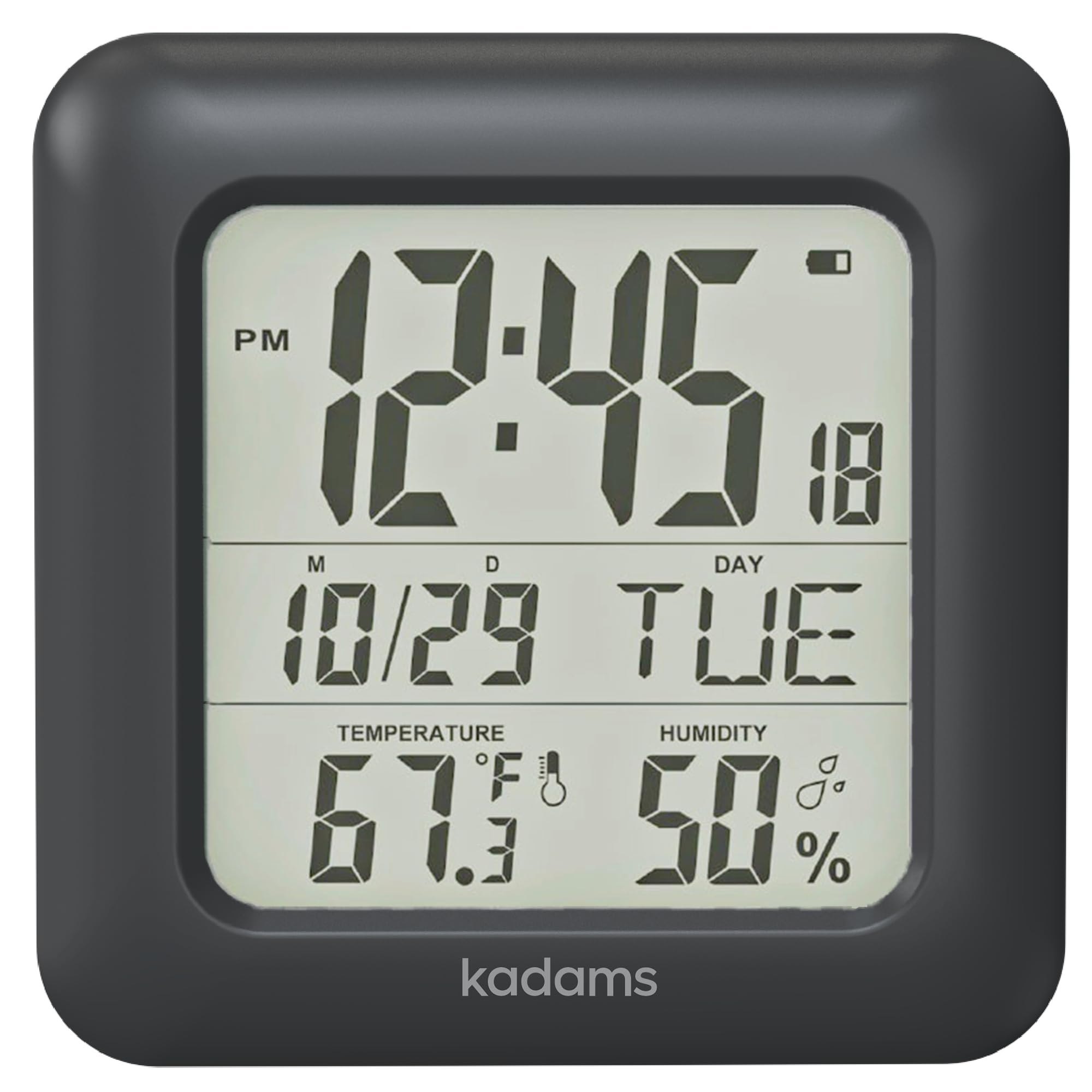 KADAMS Bathroom Clock 9.5" Kitchen Wall Clock with Large LCD Screen – Shower Clock with Suction Cup,Temperature, Humidity, Calendar – Water-Resistant, 4 Mounting Options, Black