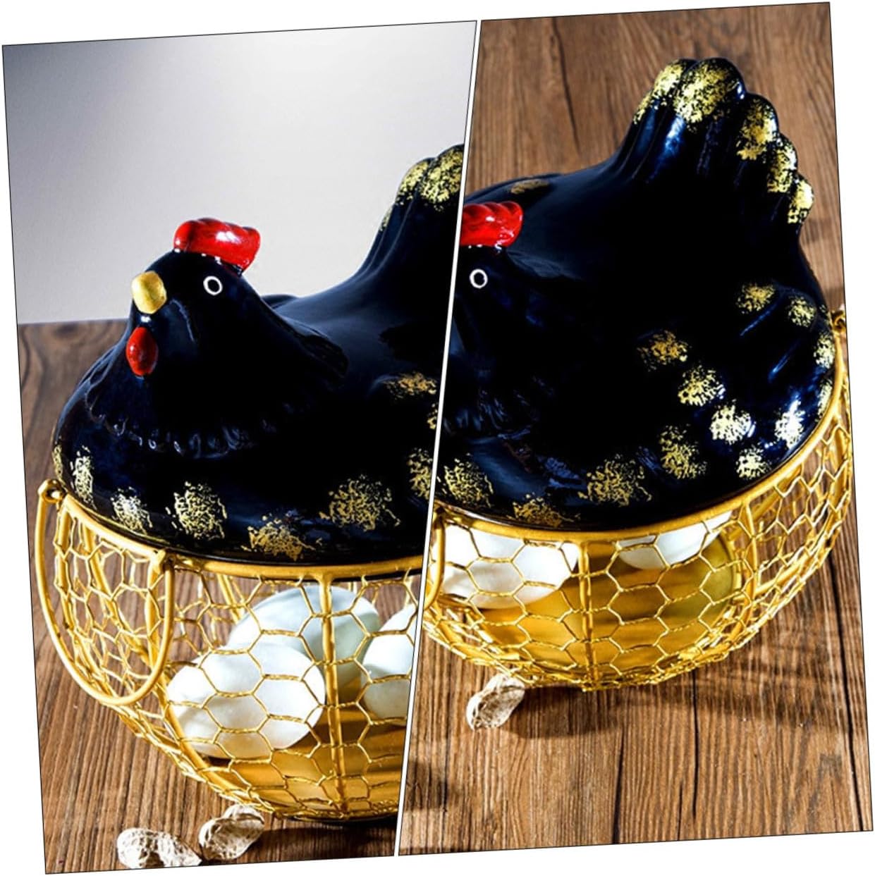 Farmhouse Iron Egg Basket with Black Chicken Lid and Gold Wire Frame, Kitchen Egg Storage Holder and Fruit Basket for Countertop Organization