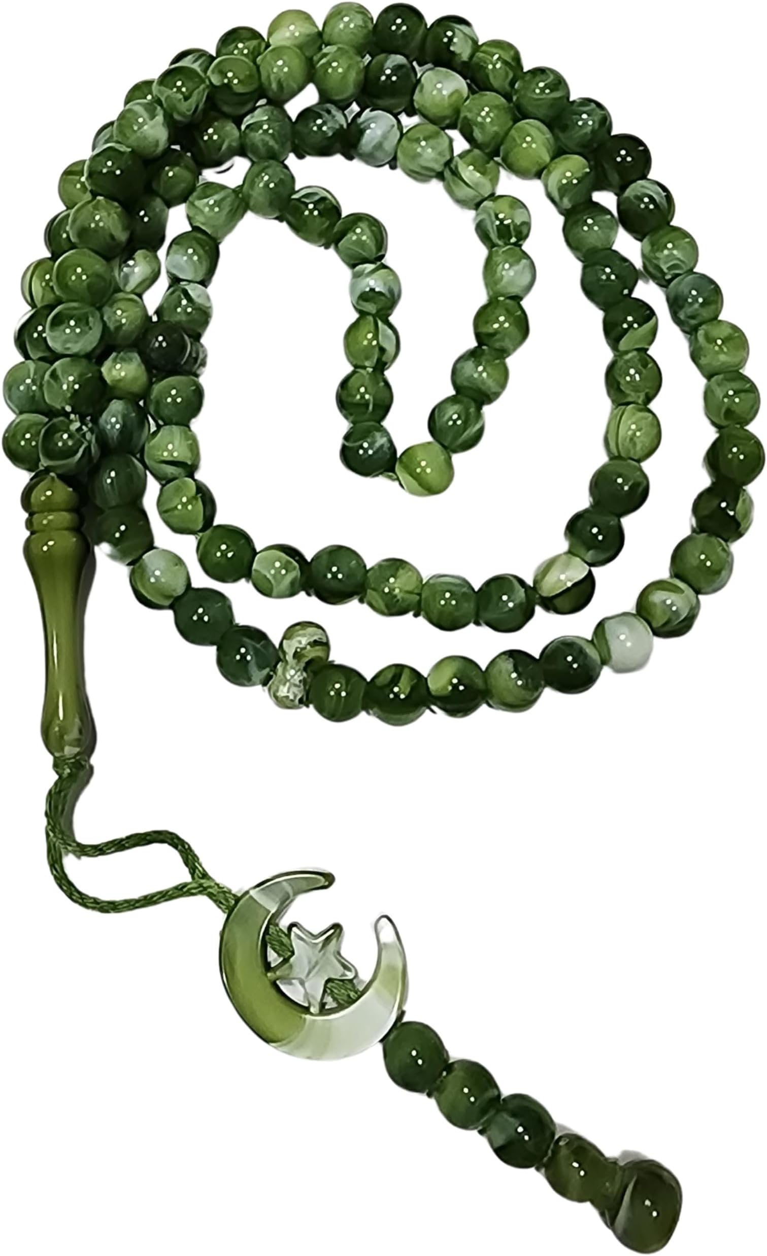 Al-Ameen Muslim Gift Islam Prayer Tasbih 99 Beads AMN-303 8 mm. Rosary Bead Moon Star Decorated Tassels Haj Eid Ramadan (Green)