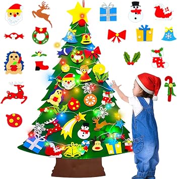 3.7 Ft Felt Christmas Tree for Toddlers, Stocking Stuffers for Kids with Colorful Lights 34 Ornaments Xmas Gifts for Grandkids Boys Girls New Year Supplies Wall Hanging Christmas Party Decorations