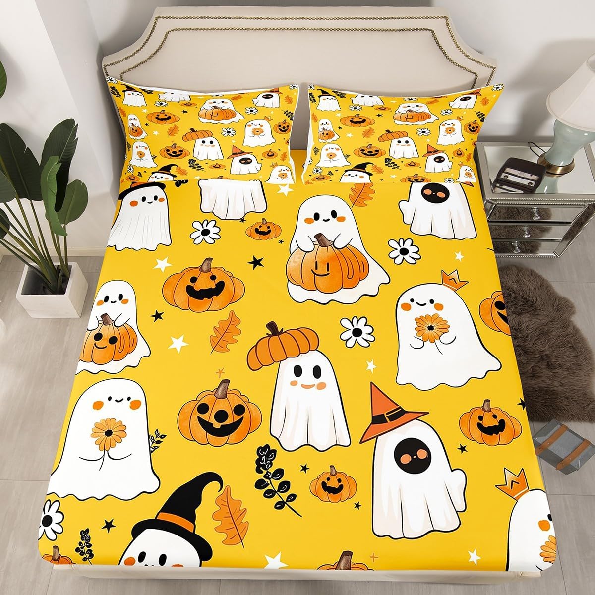 Erosebridal Cute Ghost Fitted Sheet Gothic Bed Sheets Full,Cartoon Pumpkin Lantern Halloween Sheets Yellow White Orange Spooky Silhouette Witch Hat Bedding Set,Kawaii Room Decor