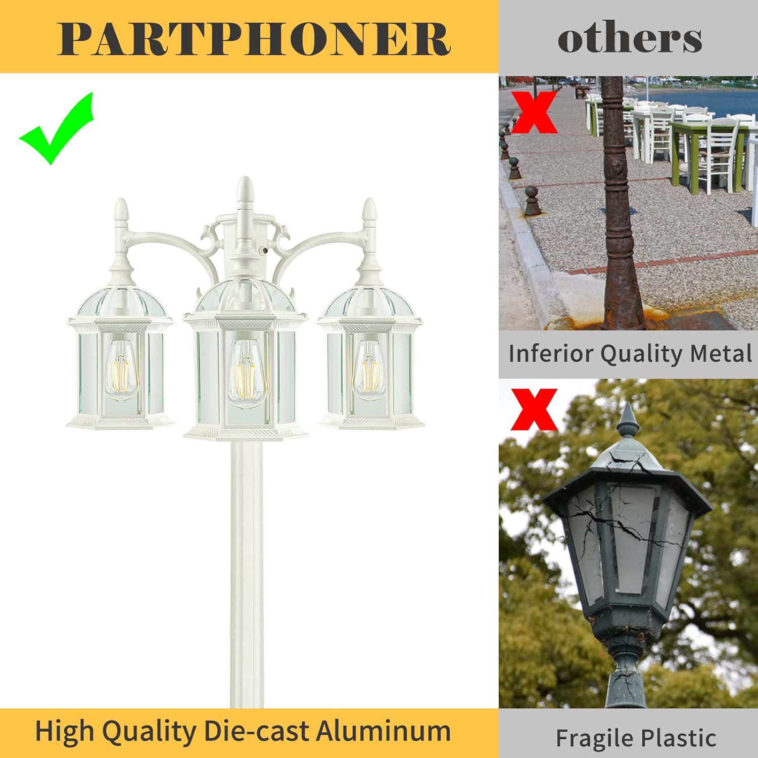 Dusk to Dawn Outdoor Lamp Post Light Birdcage, 3 Head Waterproof Outside White Street Light Pole with Clear Glass Shade for Yard Garden Patio Path Driveway