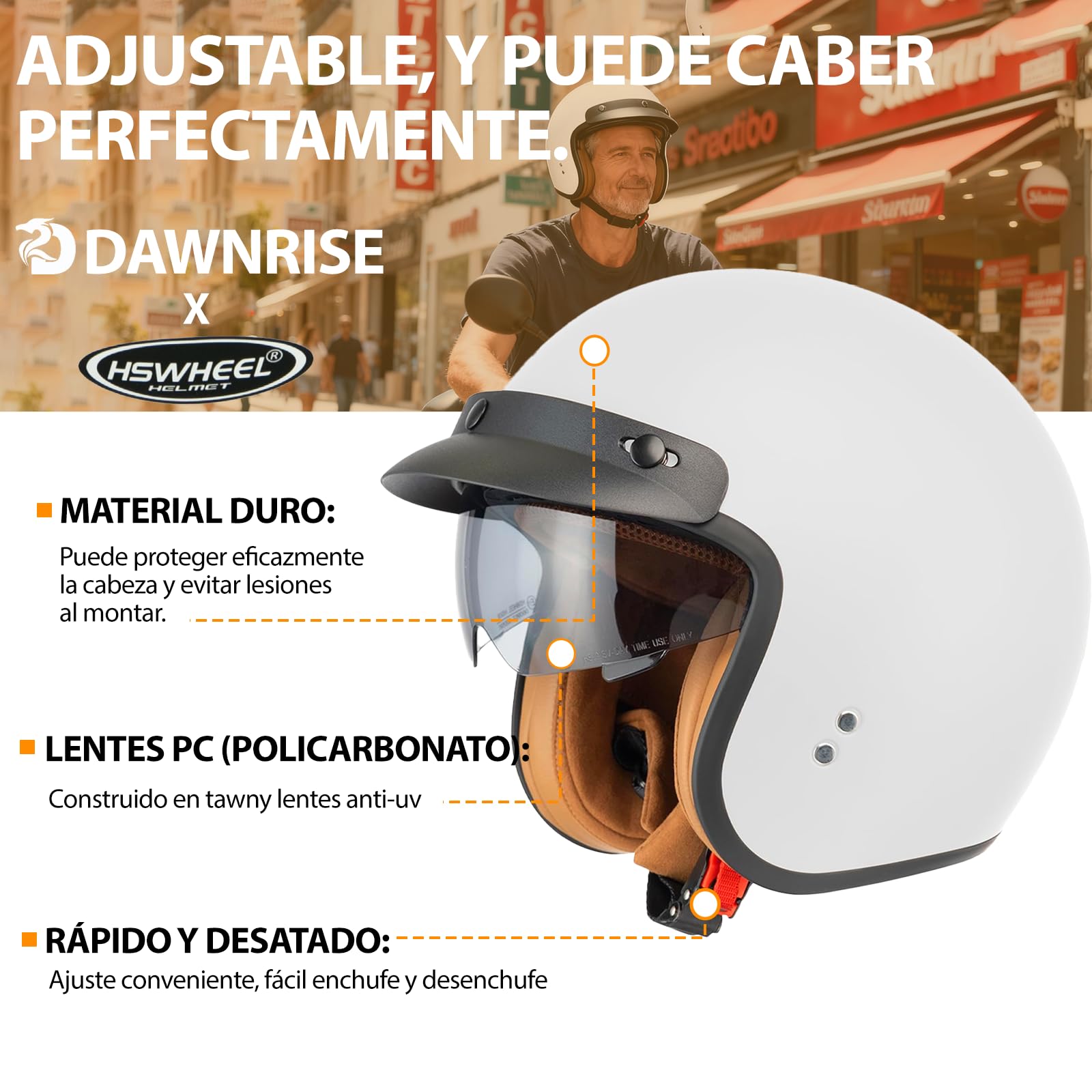 HSWHEEL Casco Jet con Visera: Casco de Motocicleta, Certificado ECE22.06, Unisex - Adecuado para ciclomotor, Scooter, Motocicleta y escúter - Diseño Retro de Casco
