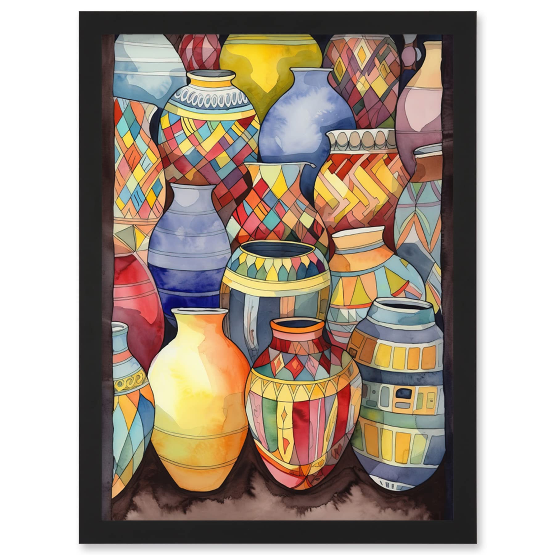 Artery8 Glazed Ceramic Pot Vases Folk Art Artwork Framed Wall Art Print A4