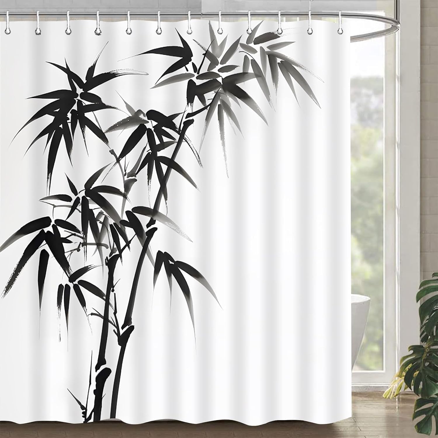 Zasłona prysznicowa 180 x 220 cm, chińska, bambusowa, odporna na pleśń, wodoszczelna, nadaje się do prania, 3D, do łazienki, wanny z 12 haczykami, E-564