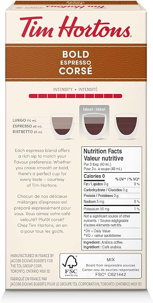 Tim Hortons Bold Espresso Capsules offer an intense, dark roast experience for Nespresso Original Line machines.