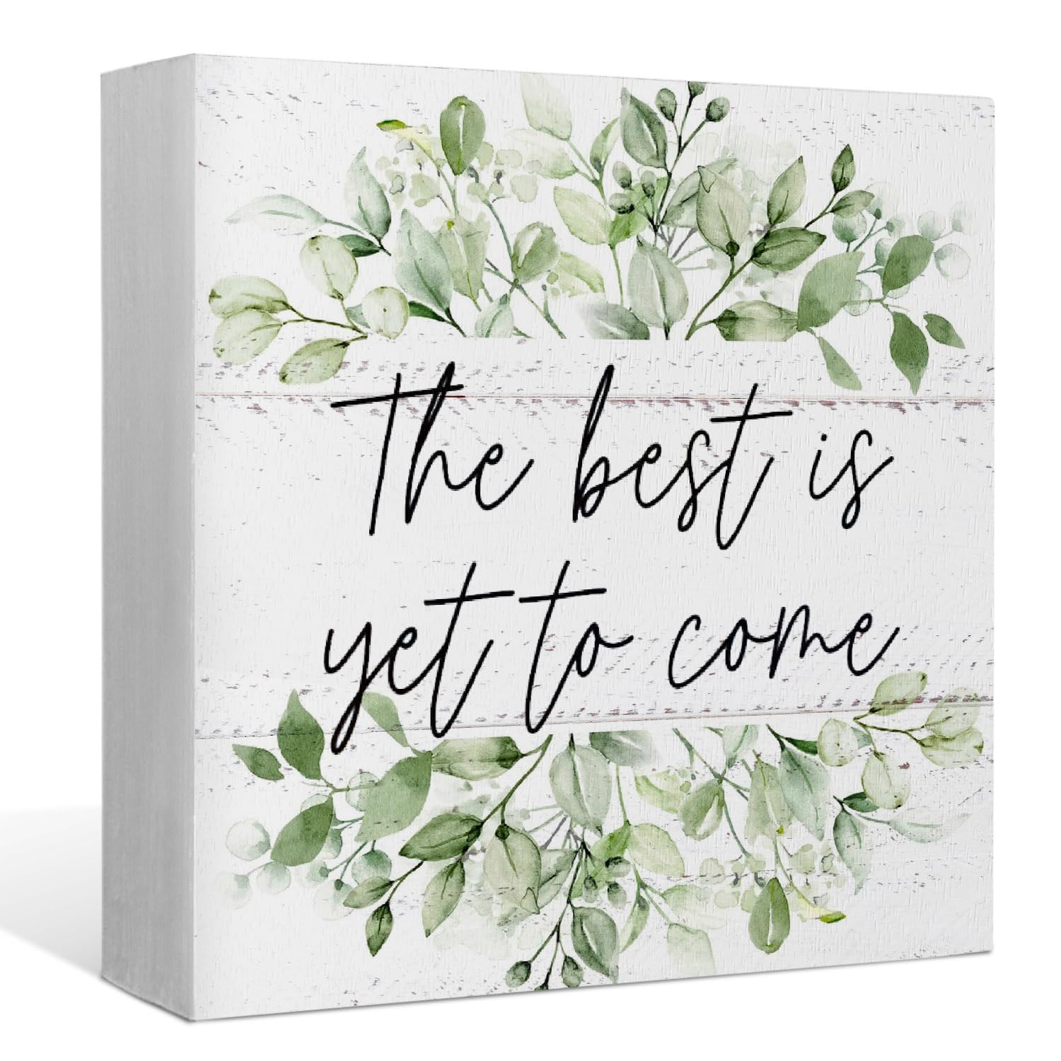 The Best is Yet to Come Eucalyptus Leaf Wood Box Sign Desk Decor,Rustic Positive Wooden Block Sign Decorations for Home Bedroom Office Wall Tabletop Shelf Decor