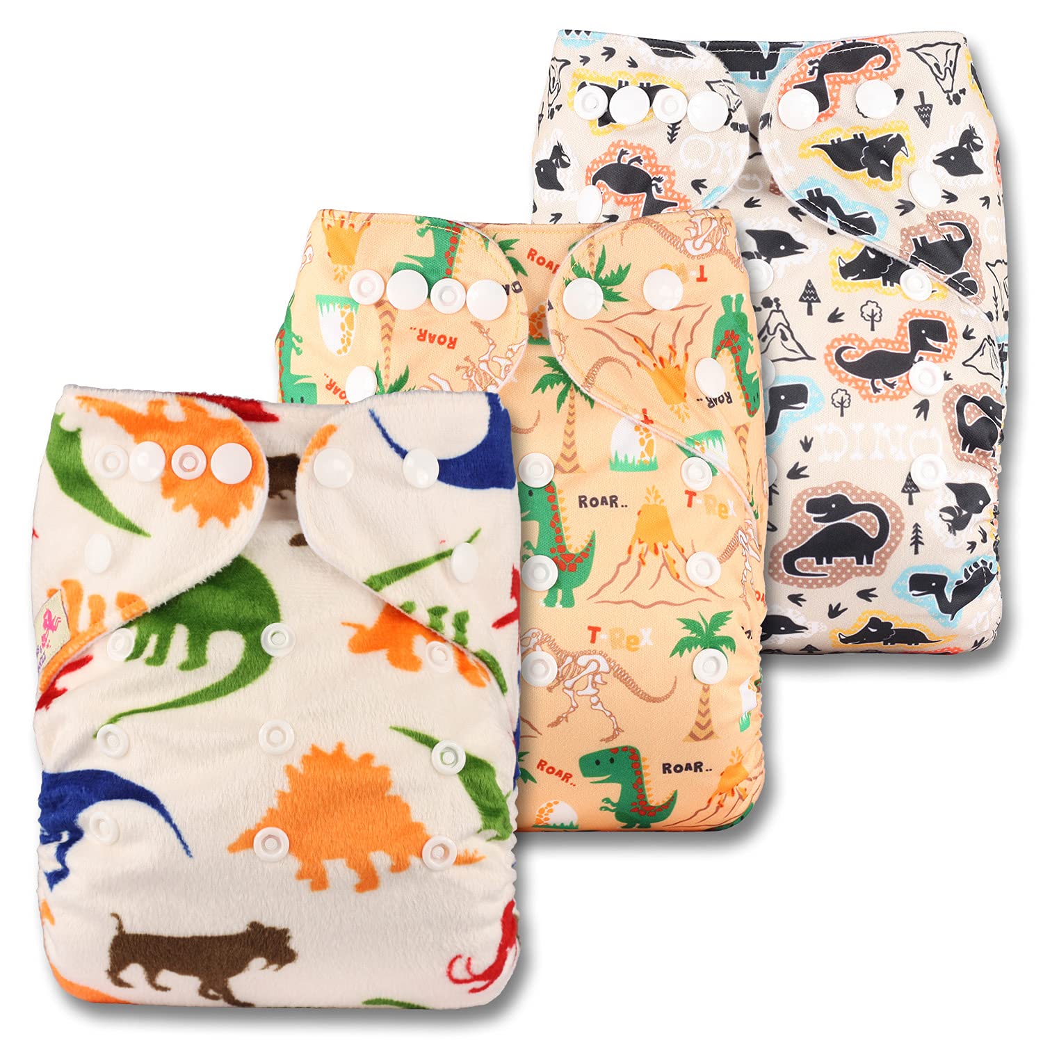 Littles & Bloomz, Reusable Pocket Cloth Nappy, Fastener: Popper, Set of 3, Patterns 327, Without Insert