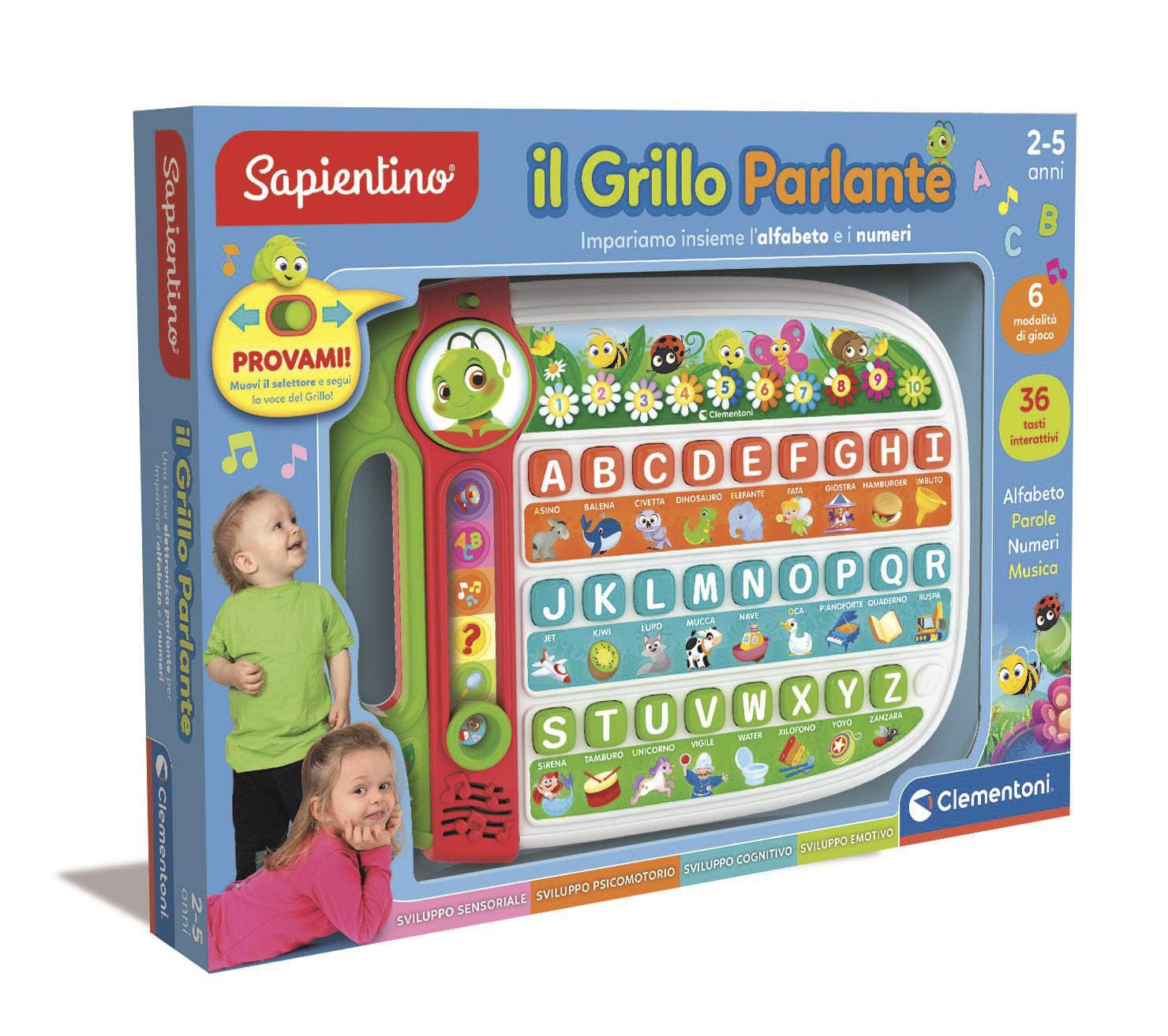 Clementoni Sapientino - Il Grillo Parlante, Gioco Educativo Bambini 2-5 Anni, 36 Tasti Interattivi, 6 Modalità di Gioco, Impara Alfabeto, Parole, Numeri e Musica, Made in Italy, Lingua Italiana, 16801