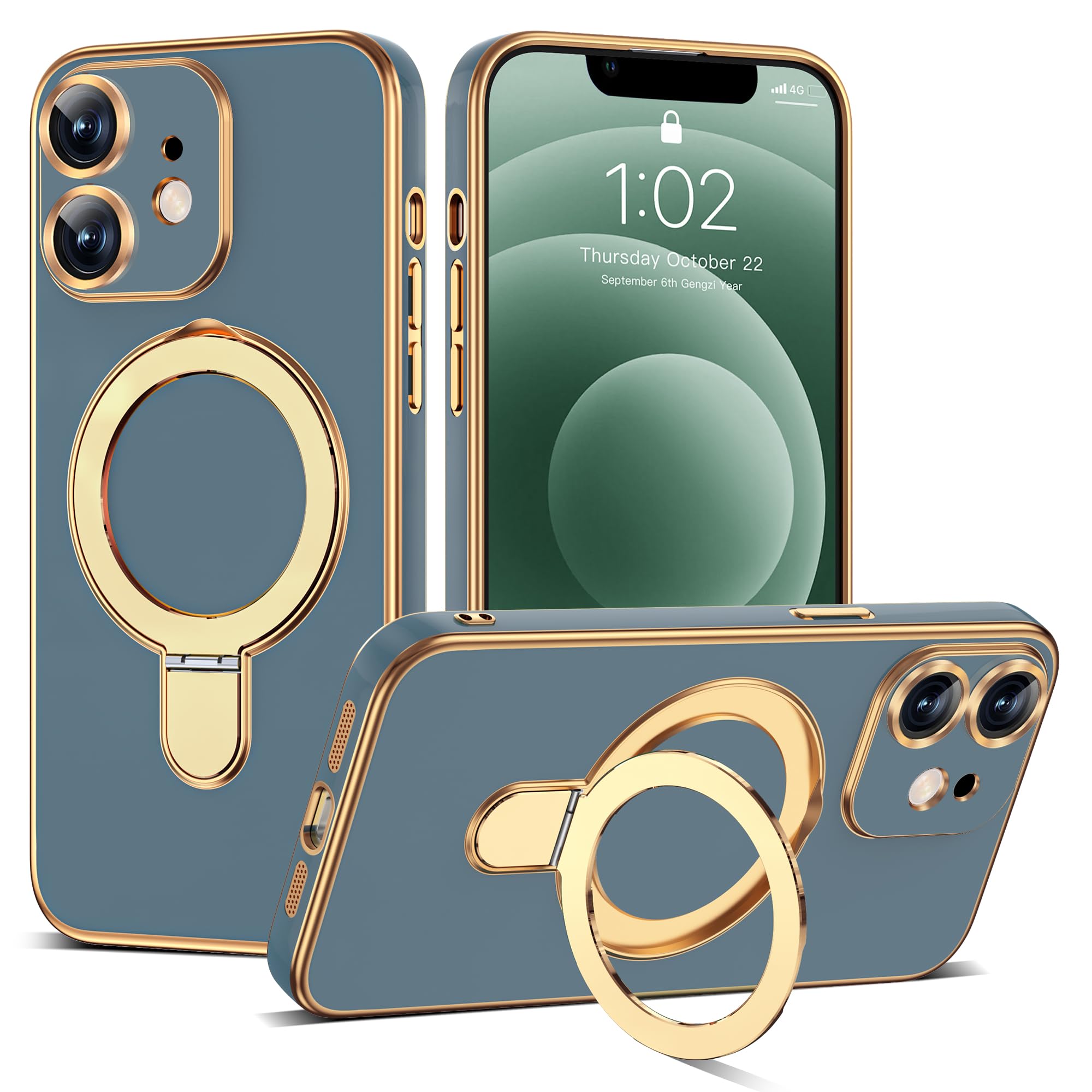 ETPESOK Compatible with iPhone 12 Case with Magnetic Ring Stand [Compatible with Mag-Safe] [Full Camera Lens Protector] Soft Plating Phone Case for