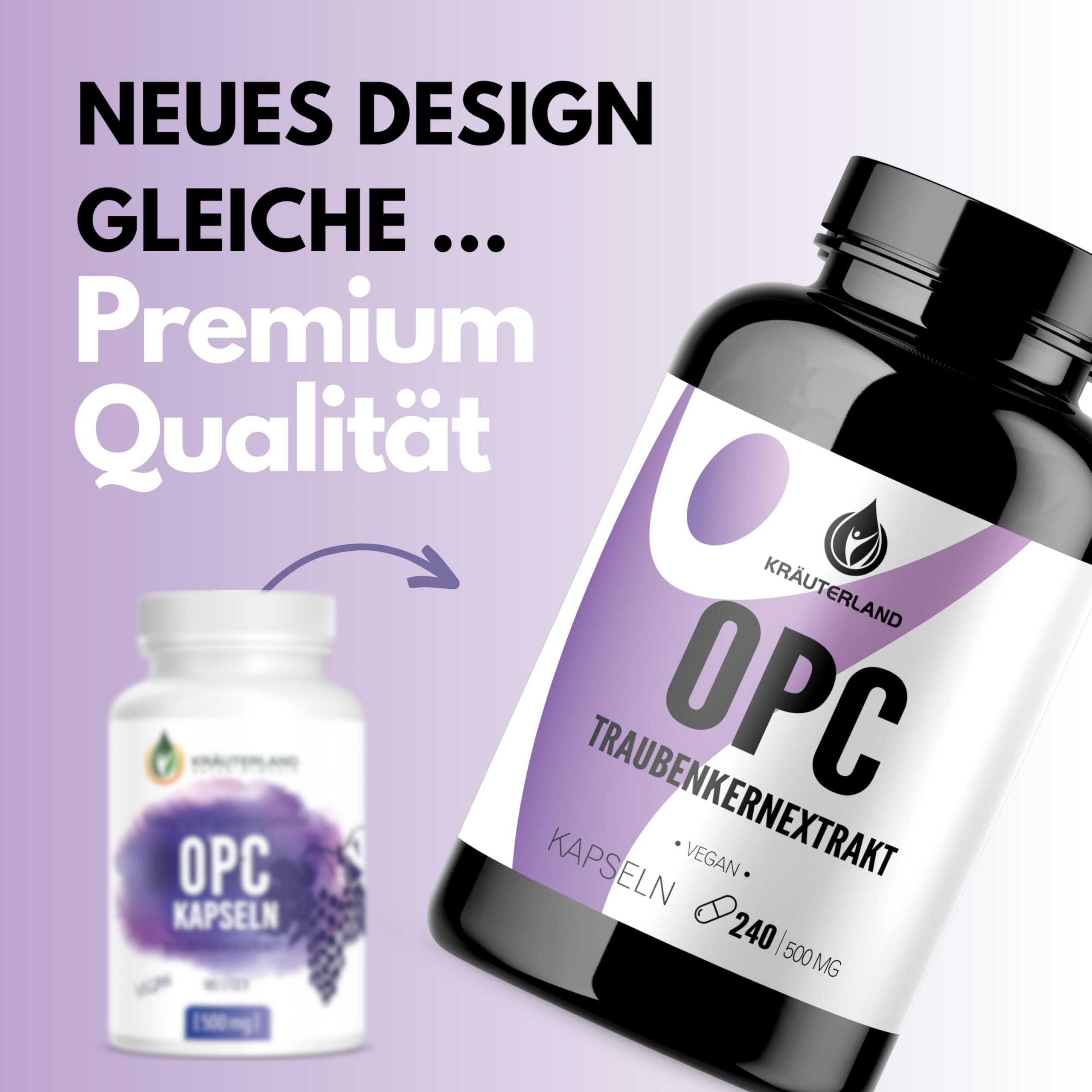 Kräuterland OPC Traubenkernextrakt hochdosiert - 240 Kapseln je 500mg - 950mg Traubenkern OPC pro Tagesdosis - vegan, aus französischen Weintrauben - in Premium Qualität