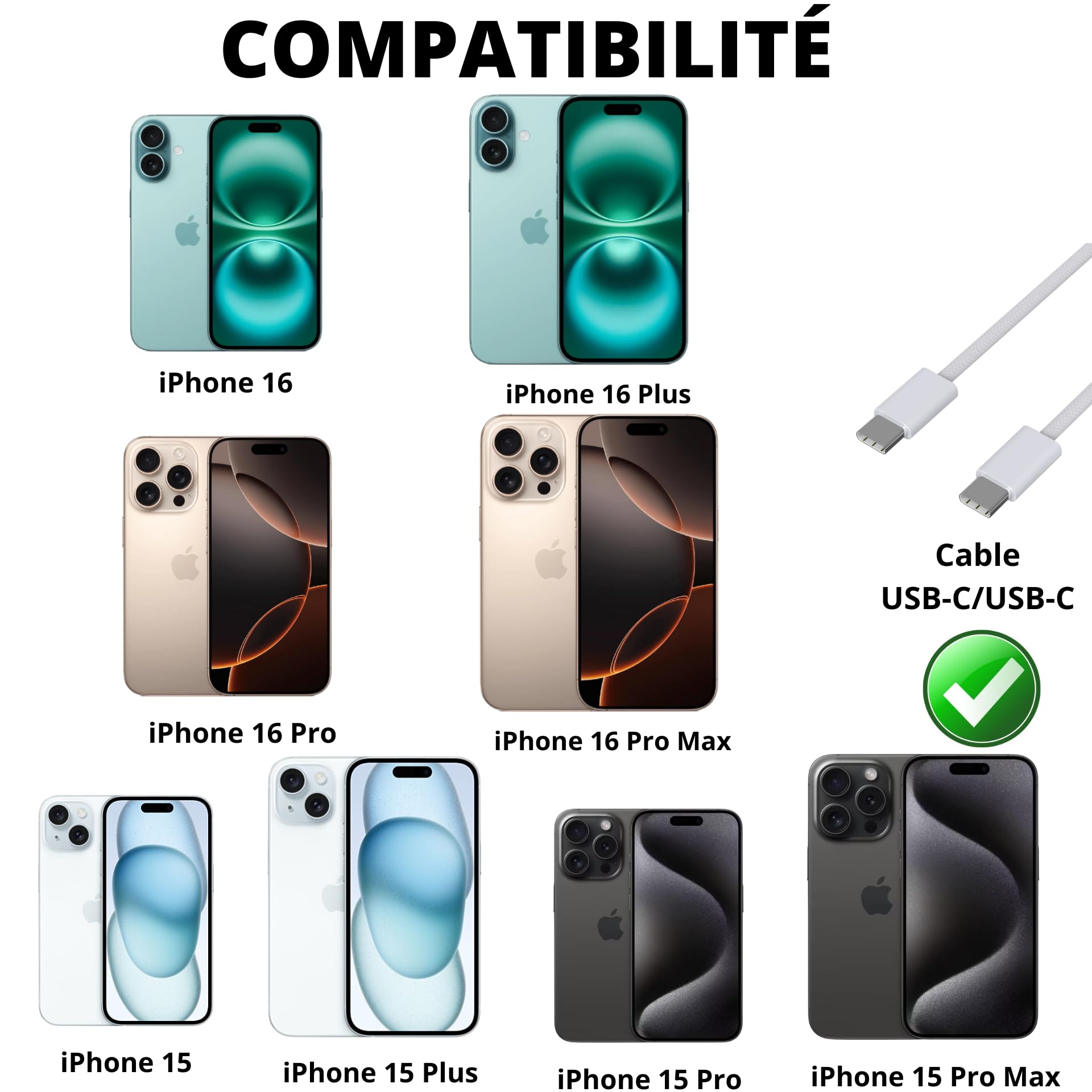 PHONILLICO Cavo USB-C USB-C per iPhone 16/16 PLUS/16 PRO/16 PRO MAX/15/15 PLUS/15 PRO/15 PRO MAX - Cavo in nylon intrecciato 1 metro
