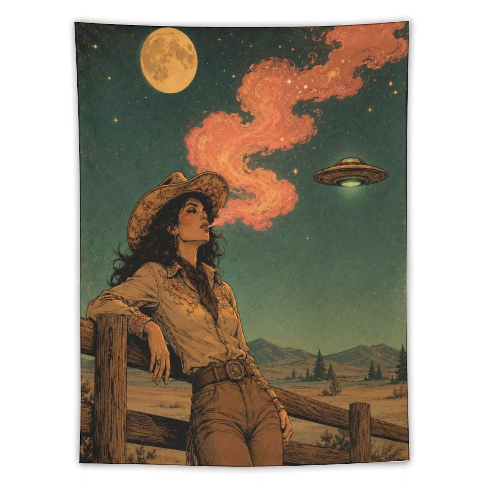 W7C8U2X3 UFO Cowgirl Western Moon Wall Tapestry, Surrealist, Room Divider