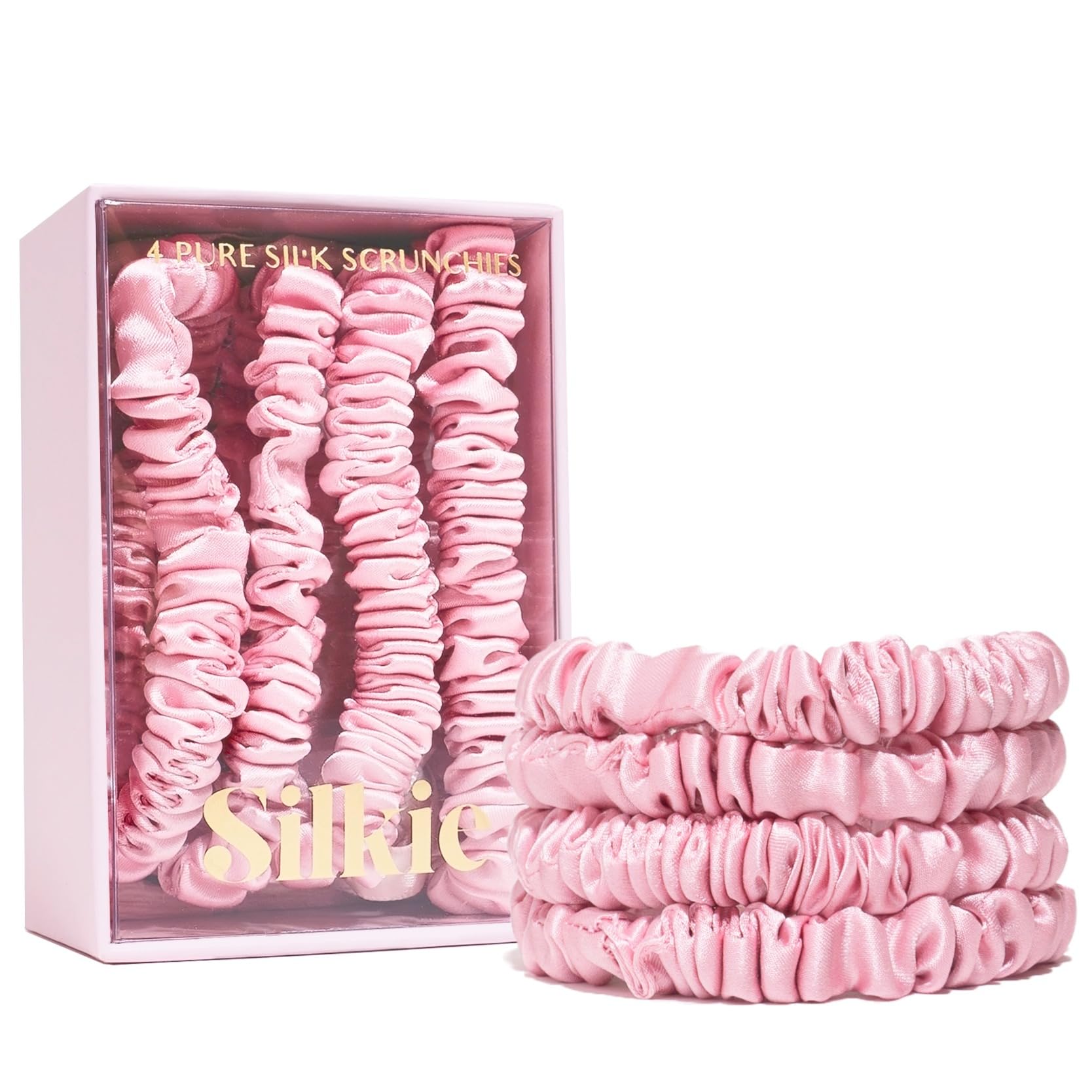 SILKIE x4 Set 100% Pure Mulberry Silk Pink Skinny Scrunchies Travel Pouch Everyday Hair Ties Elastics Hair Care Ponytail Holder No Damage (Pink Sorbet)
